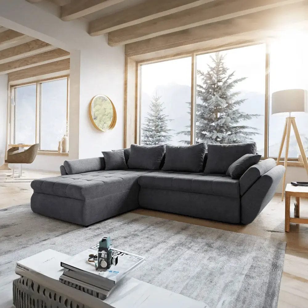 Colțar extensibil dumonde cu ladă de depozitare si sezut confortabil din spuma high-density, Loana Enjoy Grafit 270x185 cm
