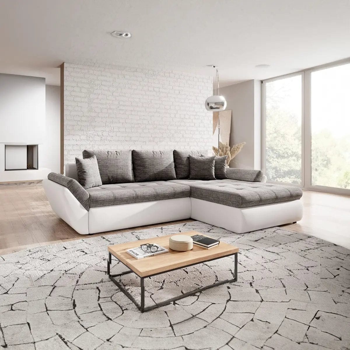 Colțar extensibil dumonde cu ladă de depozitare si sezut confortabil din spuma high-density, Loana Magma White 275x185 cm