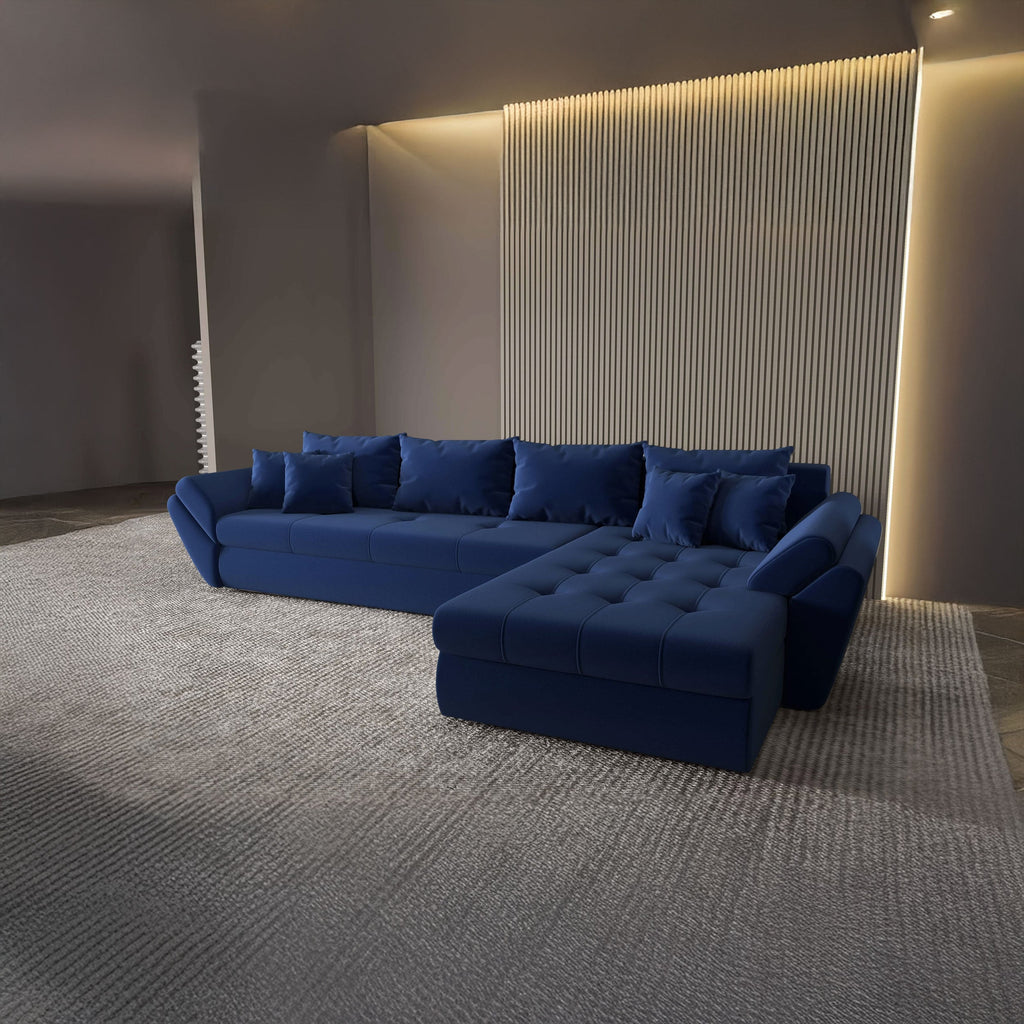 Colțar extensibil dumonde cu ladă de depozitare si sezut confortabil din spuma high-density, Loana XL Royal Albastru II 335x185 cm