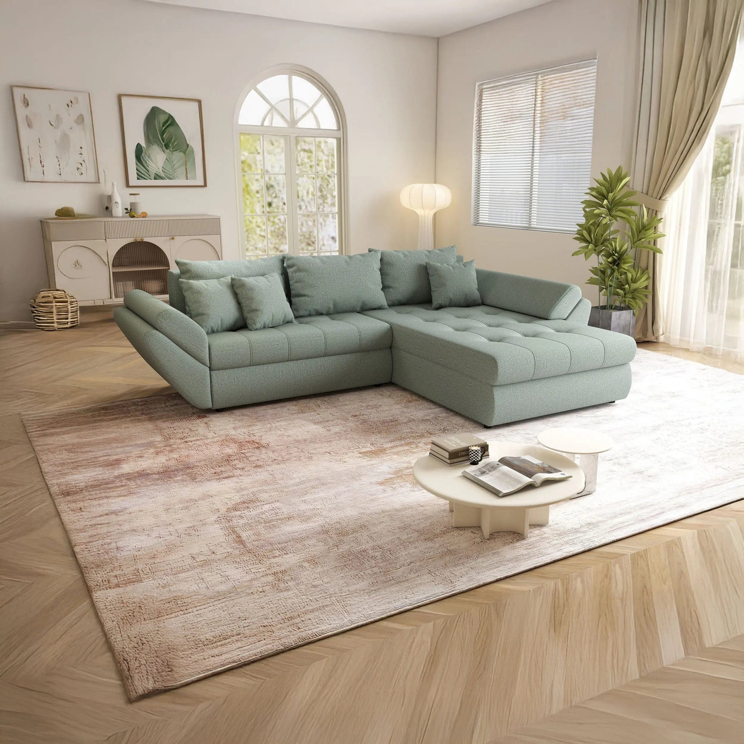 Colțar extensibil dumonde cu ladă de depozitare si sezut confortabil din spuma high-density, Loana Enjoy Mint II 270x185 cm