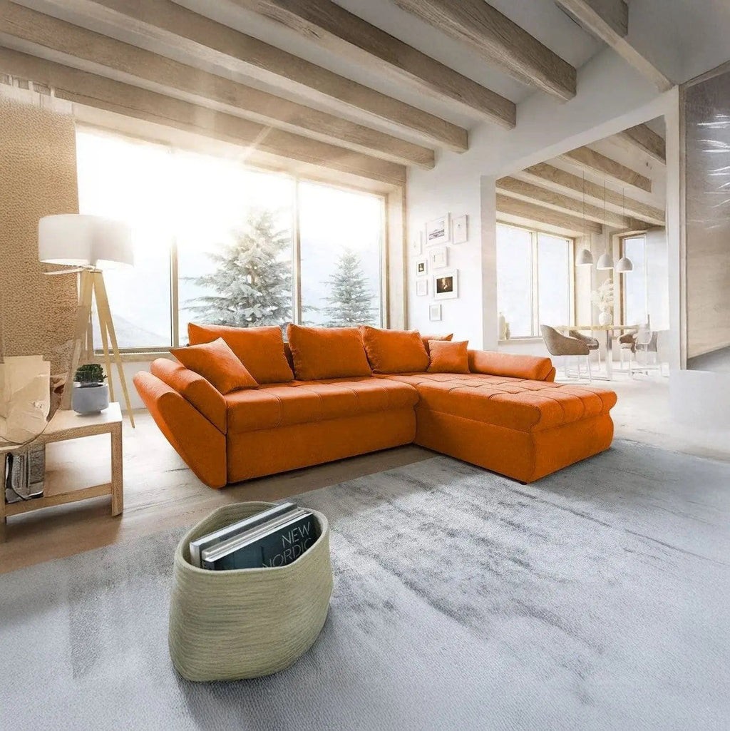 Colțar extensibil dumonde cu ladă de depozitare si sezut confortabil din spuma high-density, Loana Enjoy Orange II 270x185 cm