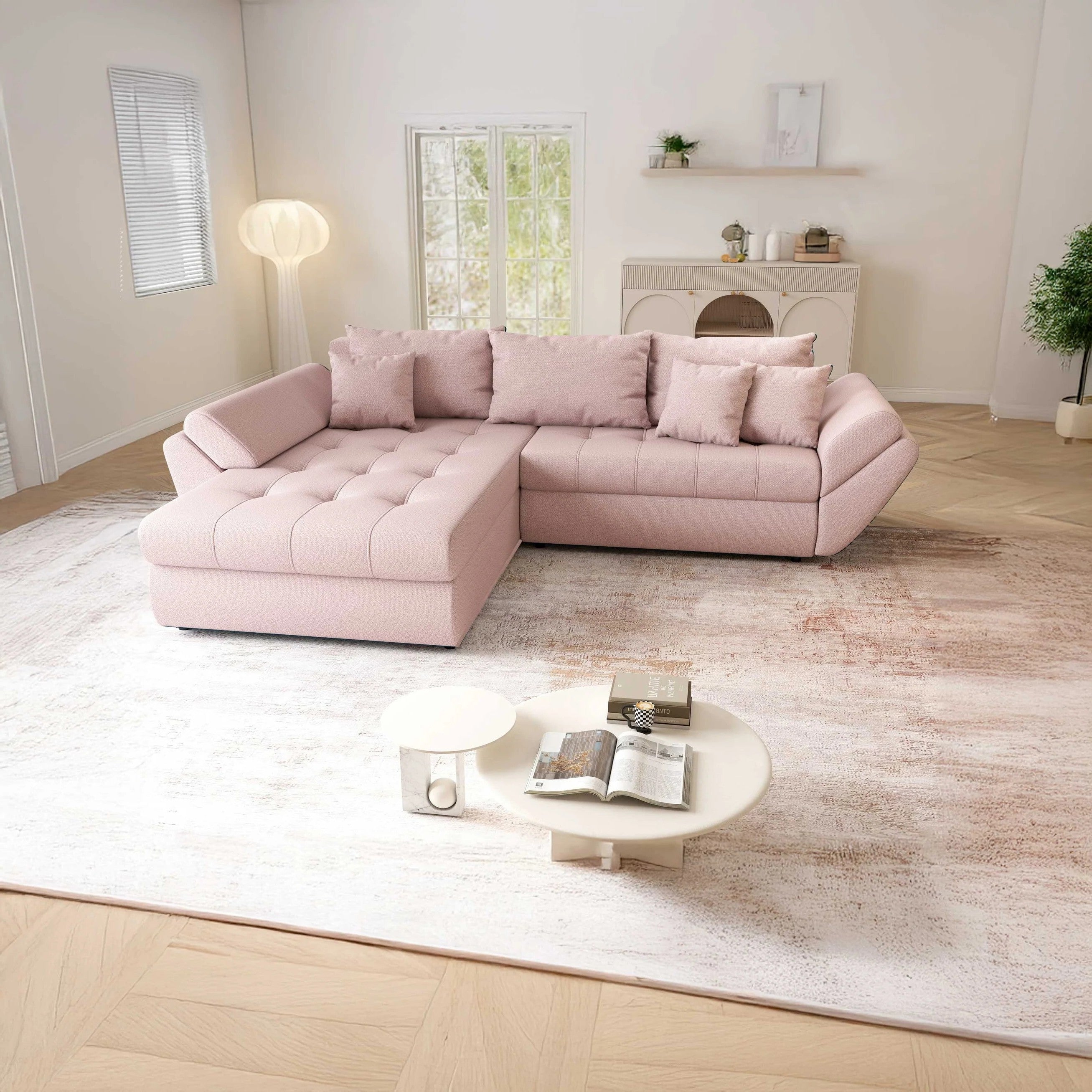Colțar extensibil dumonde cu ladă de depozitare si sezut confortabil din spuma high-density, Loana Enjoy Flamingo 270x185 cm
