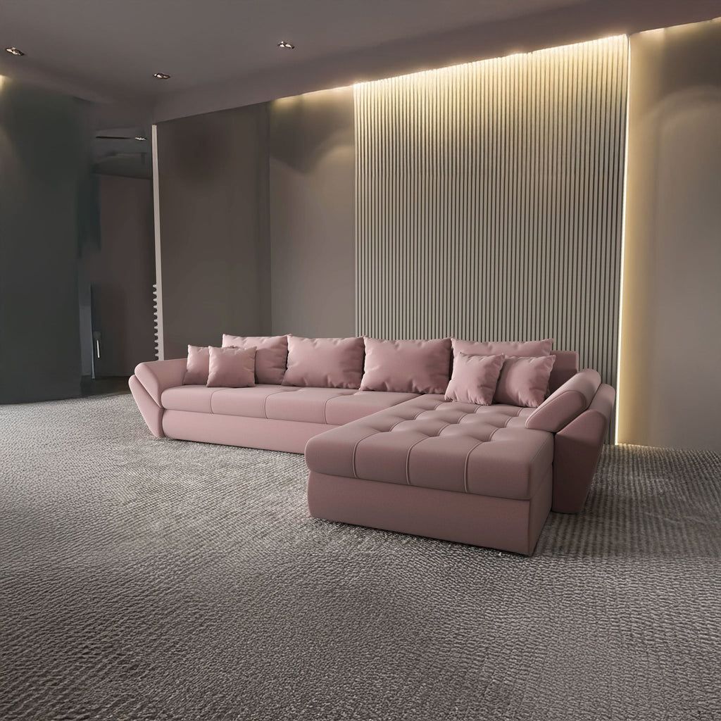 Colțar extensibil dumonde cu ladă de depozitare si sezut confortabil din spuma high-density, Loana XL Royal Roz II 335x185 cm