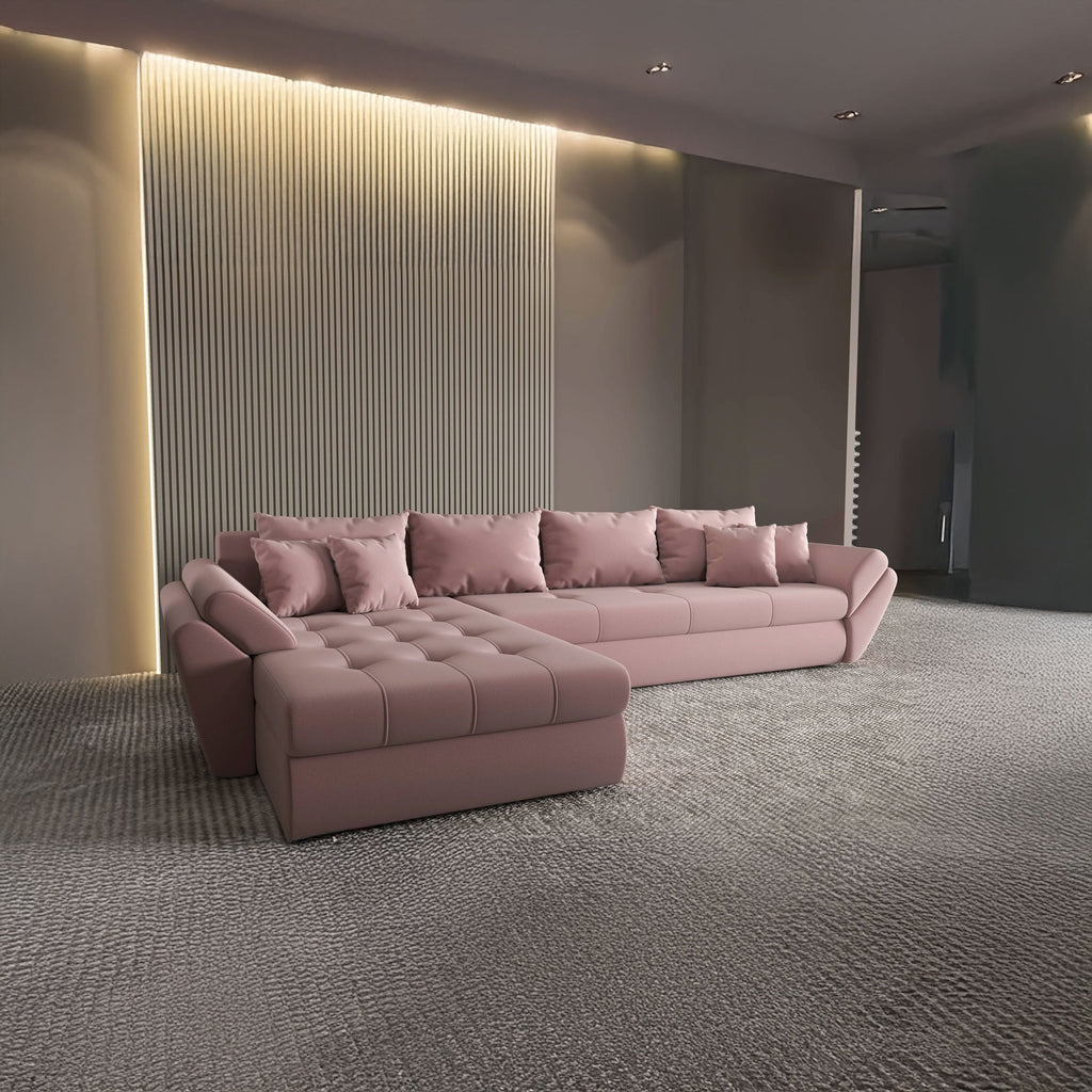 Colțar extensibil dumonde cu ladă de depozitare si sezut confortabil din spuma high-density, Loana XL Royal Roz 335x185 cm