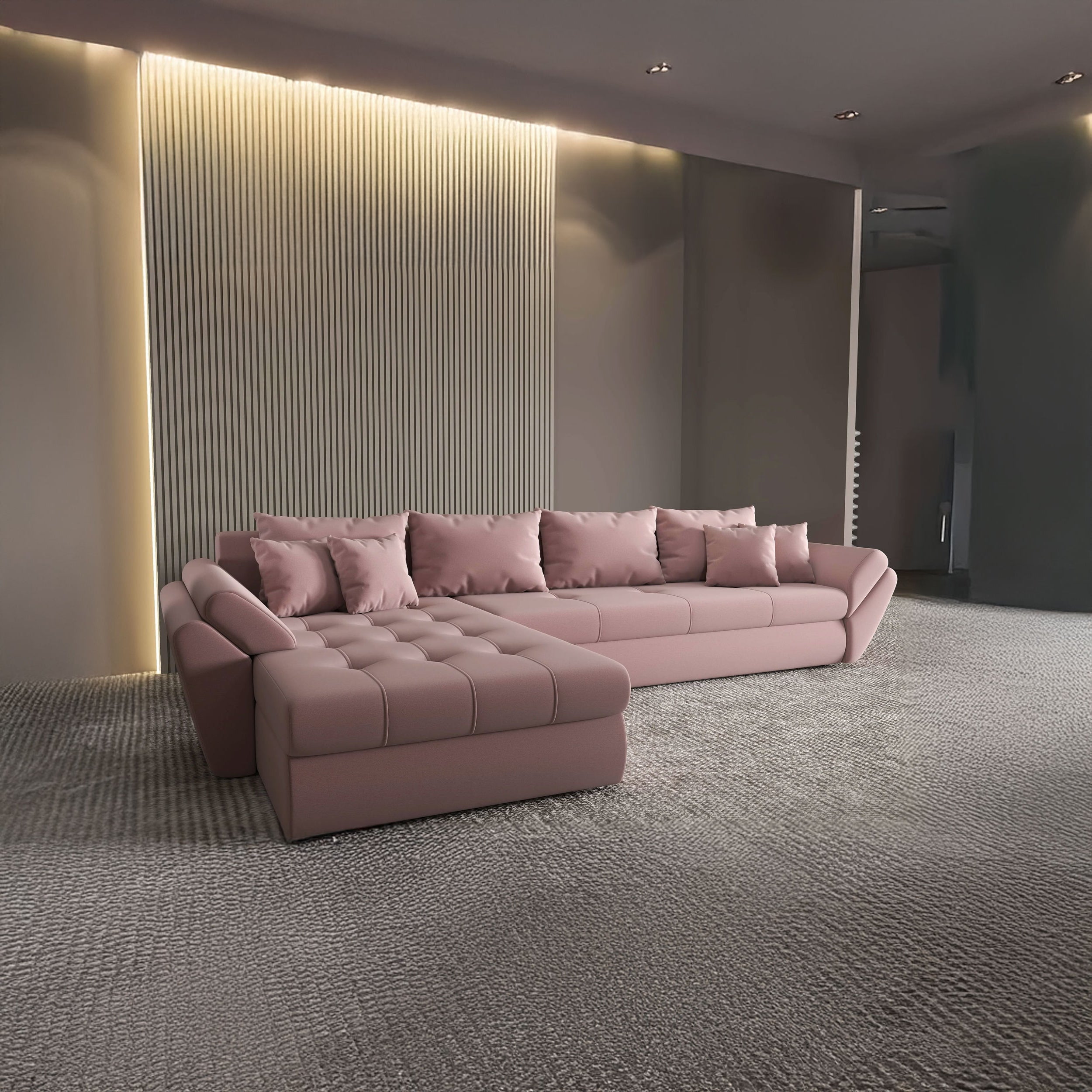 Colțar extensibil dumonde cu ladă de depozitare si sezut confortabil din spuma high-density, Loana XL Royal Roz 335x185 cm