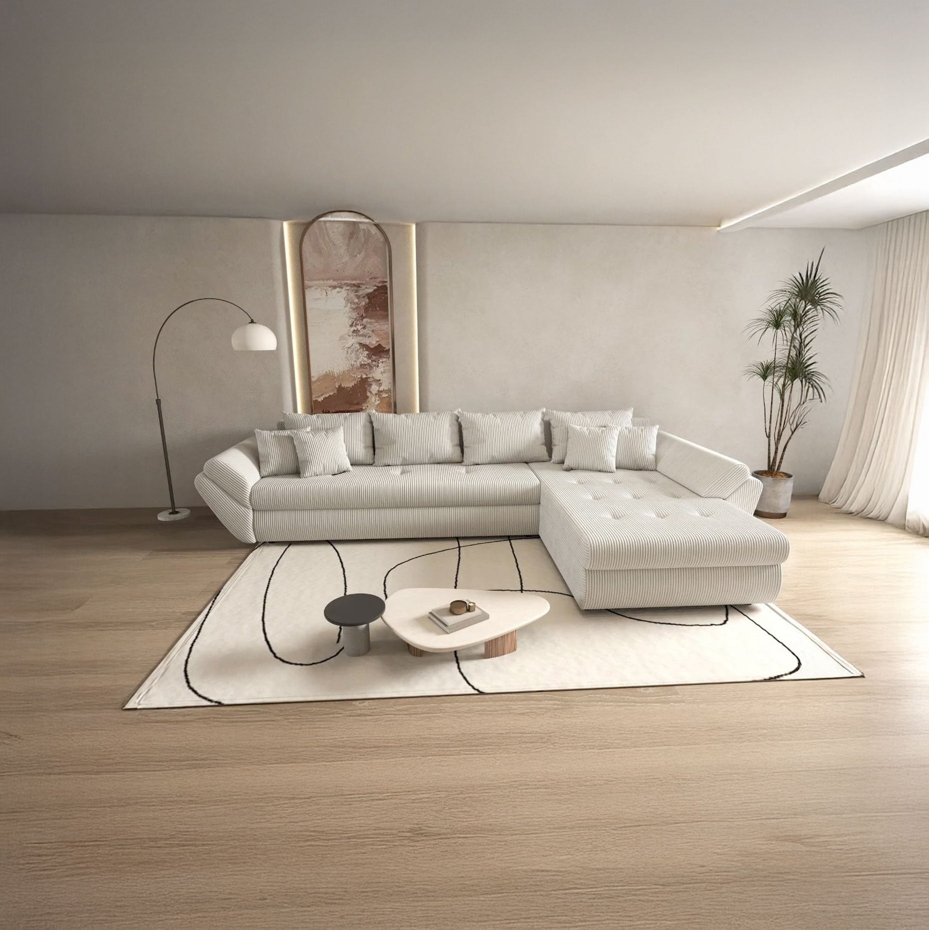 Colțar extensibil dumonde cu ladă de depozitare si sezut confortabil din spuma high-density, Loana XL Zoom Cream II 335x185 cm