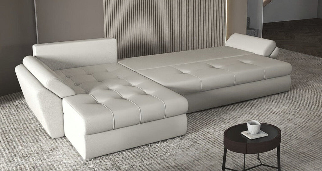 Colțar extensibil dumonde cu ladă de depozitare si sezut confortabil din spuma high-density, Loana XL Tilia Gri- Bej 335x185 cm