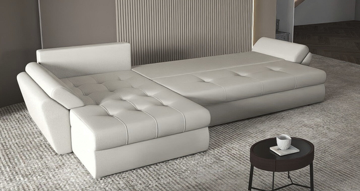 Colțar extensibil dumonde cu ladă de depozitare si sezut confortabil din spuma high-density, Loana XL Cremona Gri Deschis 335x185 cm