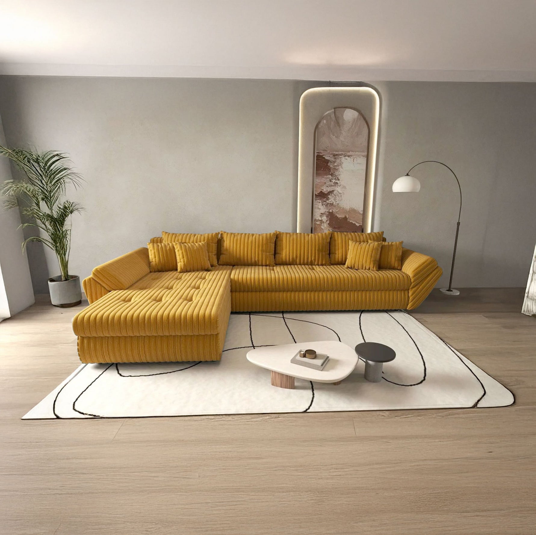 Colțar extensibil dumonde cu ladă de depozitare si sezut confortabil din spuma high-density, Loana XL Zoom Mustar 335x185 cm