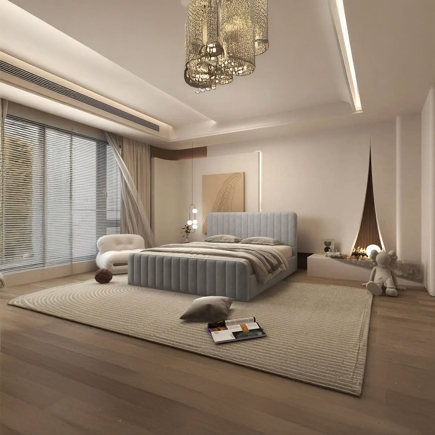 Pat dormitor dumonde, tapitat gri, Loft 160x200 cm, somiera rabatabila inclusa, spatiu depozitare