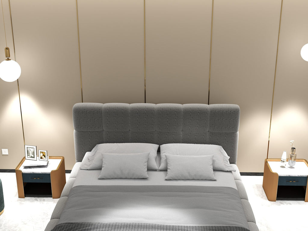Pat dormitor dumonde, tapitat gri, Lorenzo 160x200 cm, somiera rabatabila inclusa, spatiu depozitare