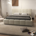 Pat dormitor dumonde, tapitat beige, Lorenzo 160x200 cm, somiera rabatabila inclusa, spatiu depozitare