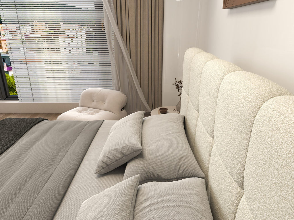 Pat dormitor dumonde, tapitat beige, Lorenzo 160x200 cm, somiera rabatabila inclusa, spatiu depozitare
