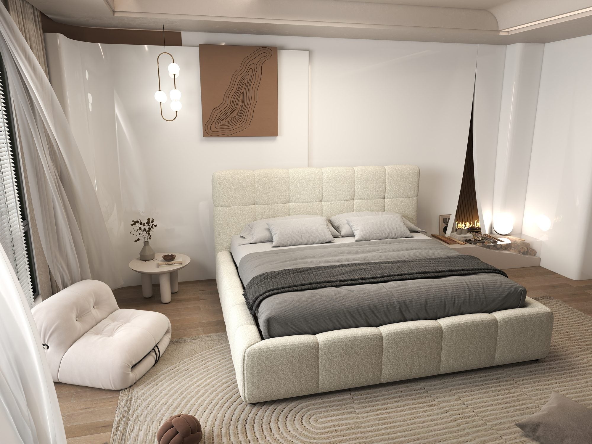 Pat dormitor dumonde, tapitat beige, Lorenzo 160x200 cm, somiera rabatabila inclusa, spatiu depozitare