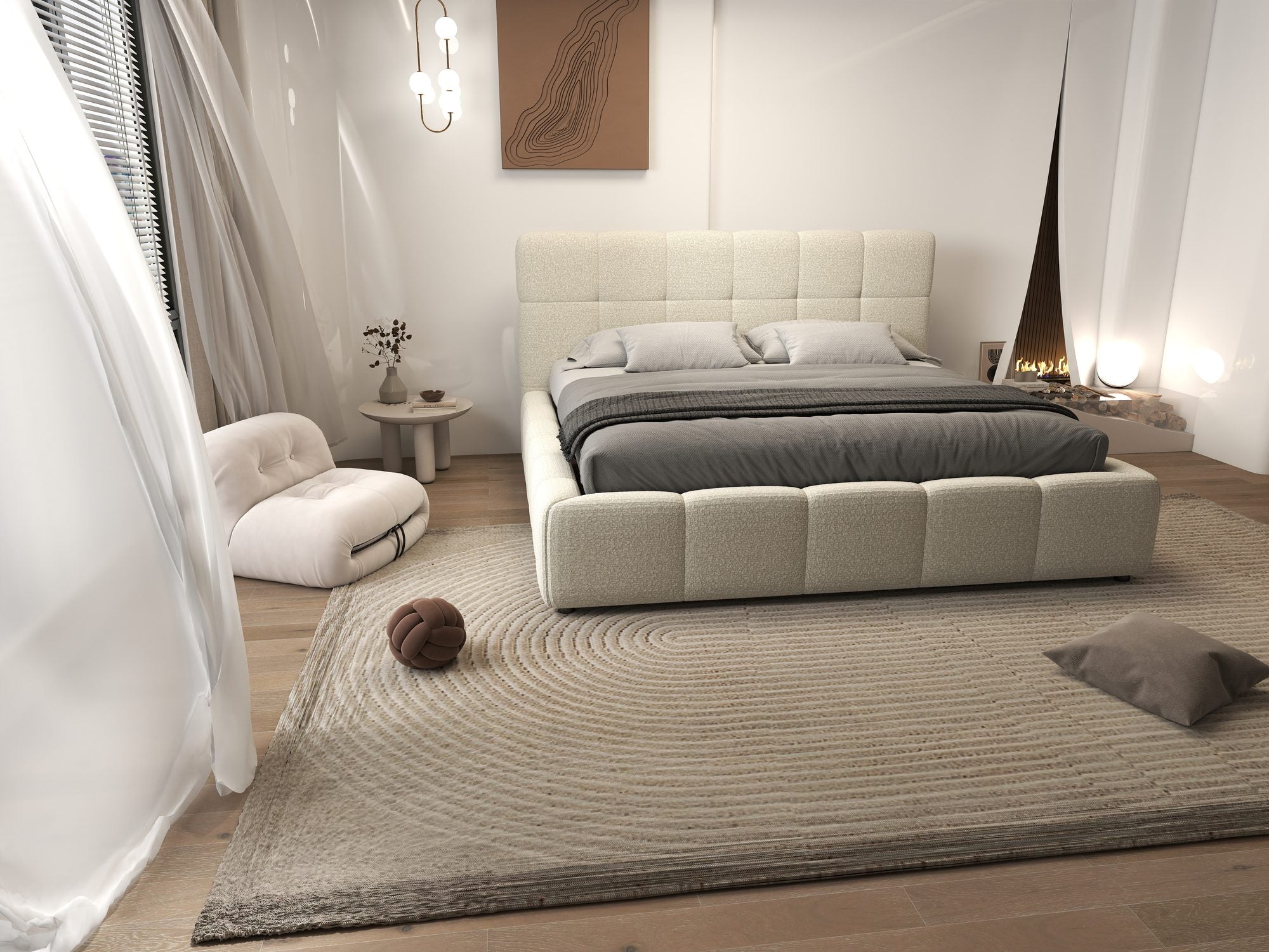 Pat dormitor dumonde, tapitat beige, Lorenzo 160x200 cm, somiera rabatabila inclusa, spatiu depozitare
