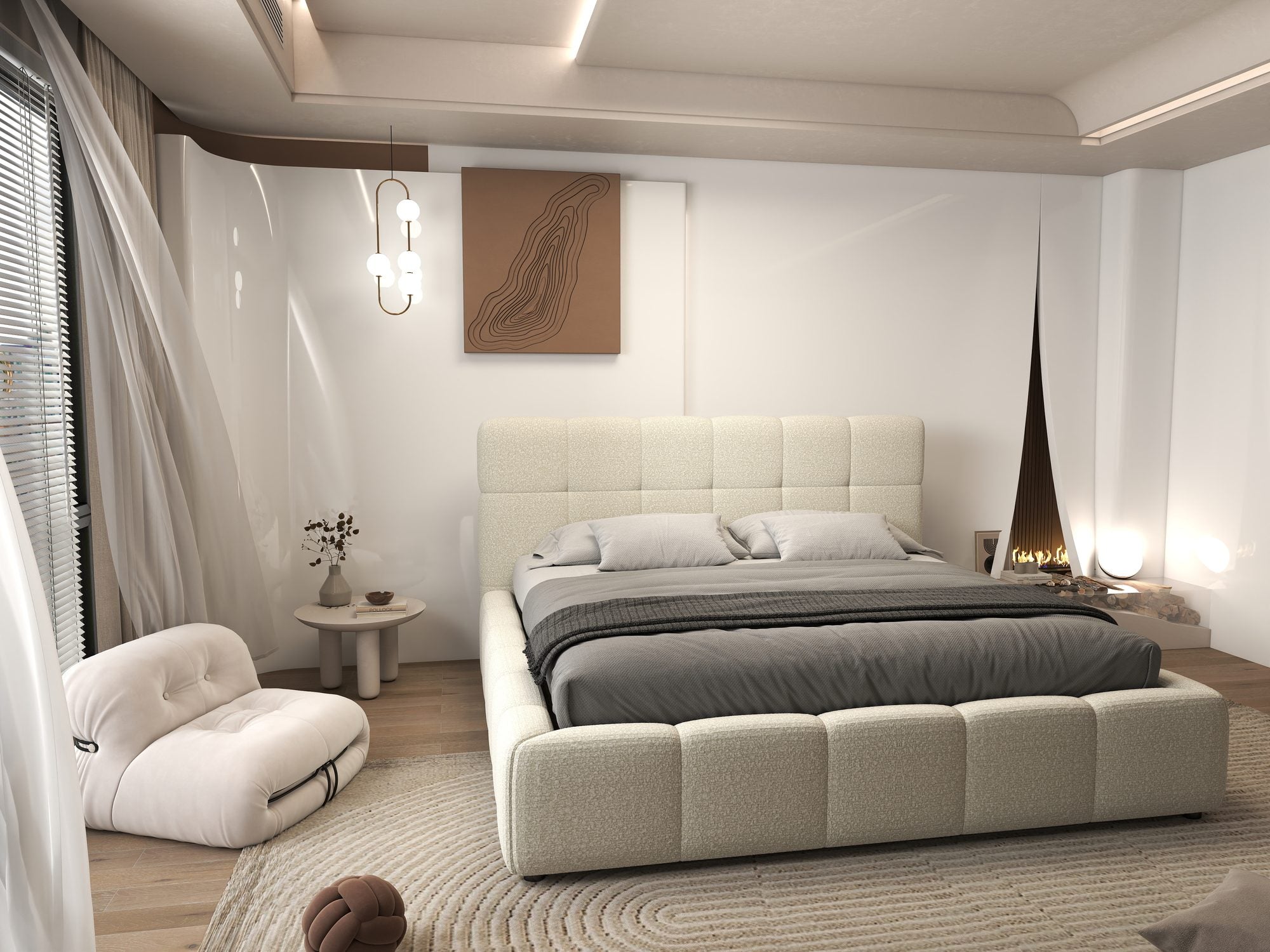 Pat dormitor dumonde, tapitat beige, Lorenzo 160x200 cm, somiera rabatabila inclusa, spatiu depozitare