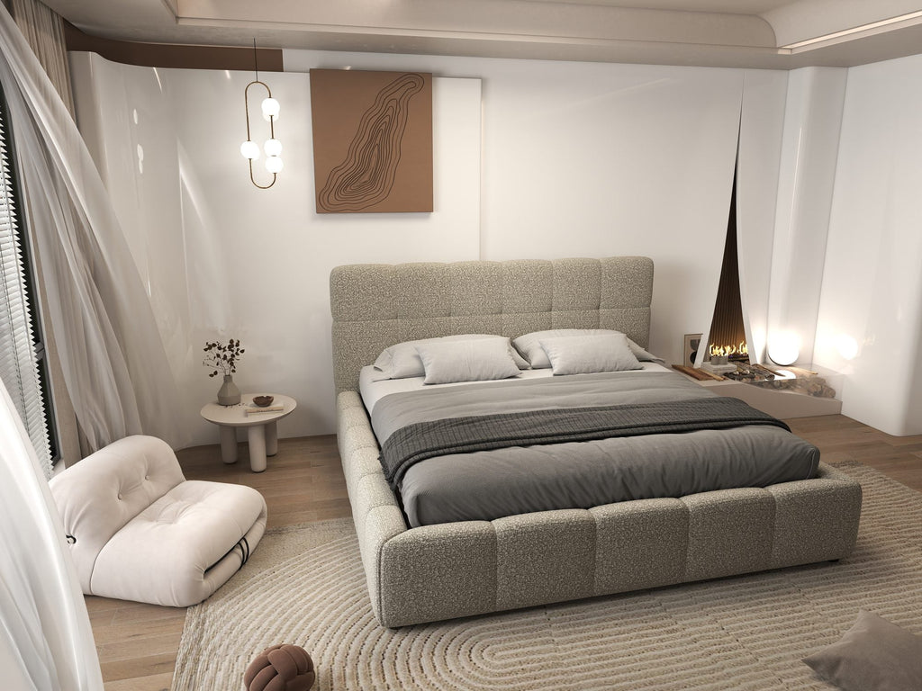 Pat dormitor dumonde, tapitat bej, Lorenzo 160x200 cm, somiera rabatabila inclusa, spatiu depozitare