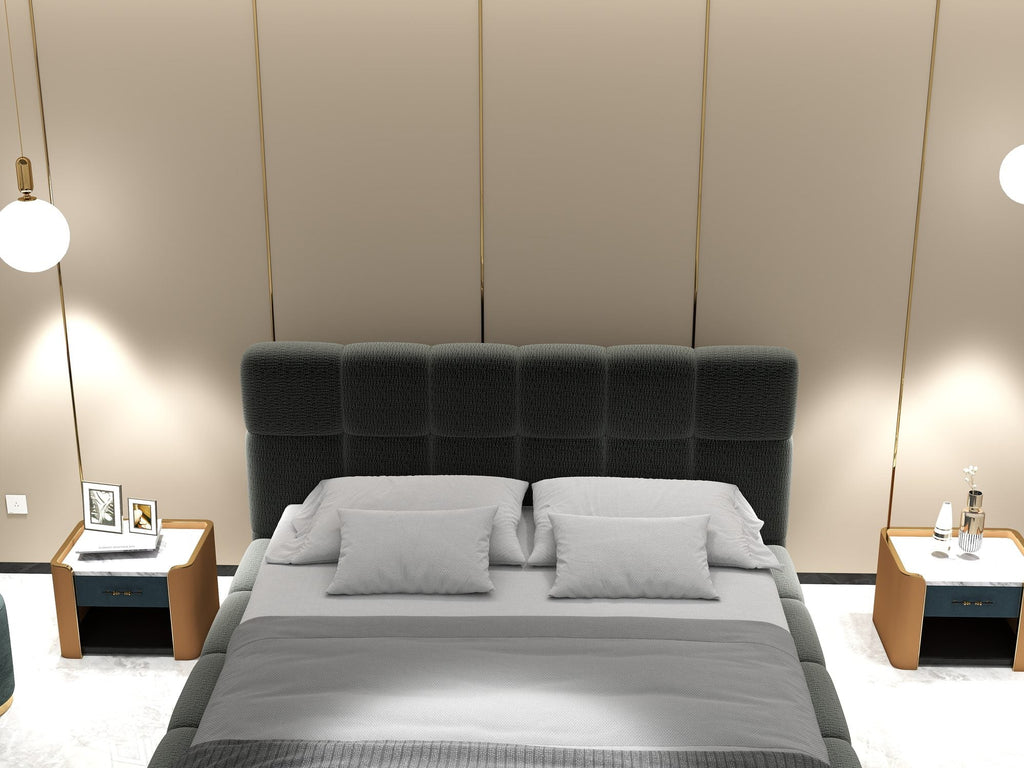 Pat dormitor dumonde, tapitat gri, Lorenzo 180x200 cm, somiera rabatabila inclusa, spatiu depozitare