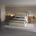 Pat dormitor dumonde, tapitat bej, Lukas 180x200 cm, somiera rabatabila inclusa, spatiu depozitare