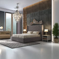 Pat dormitor dumonde, tapitat gri, Luxury 160x200 cm, somiera rabatabila inclusa, spatiu depozitare