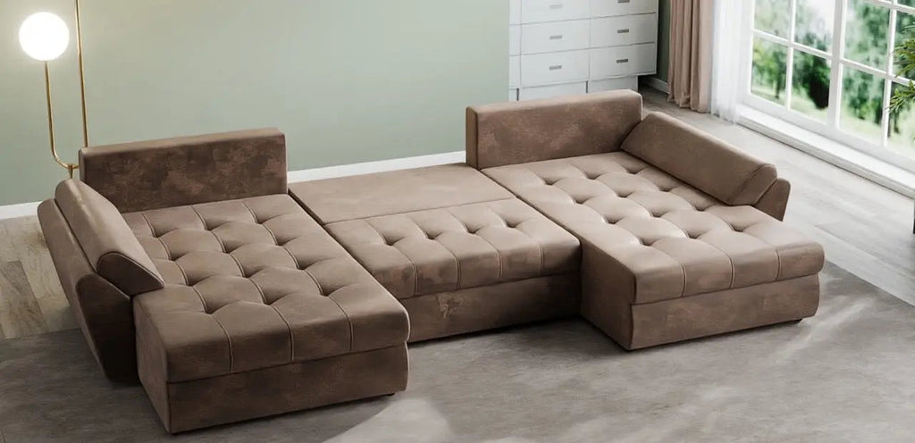 Colțar extensibil dumonde cu ladă de depozitare si sezut confortabil din spuma high-density, Loana U Madagaskar Brown 355x185 cm