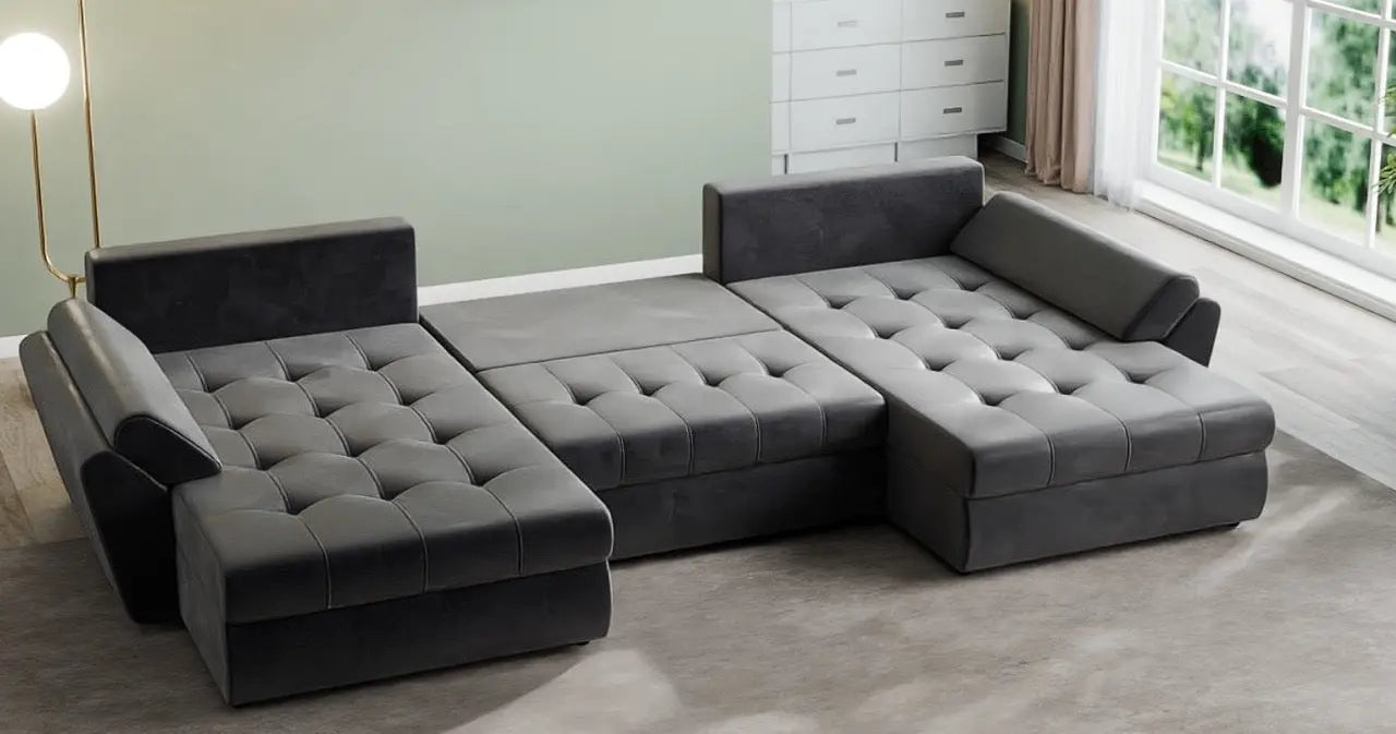 Colțar extensibil dumonde cu ladă de depozitare si sezut confortabil din spuma high-density, Loana U Madagaskar Black 355x185 cm