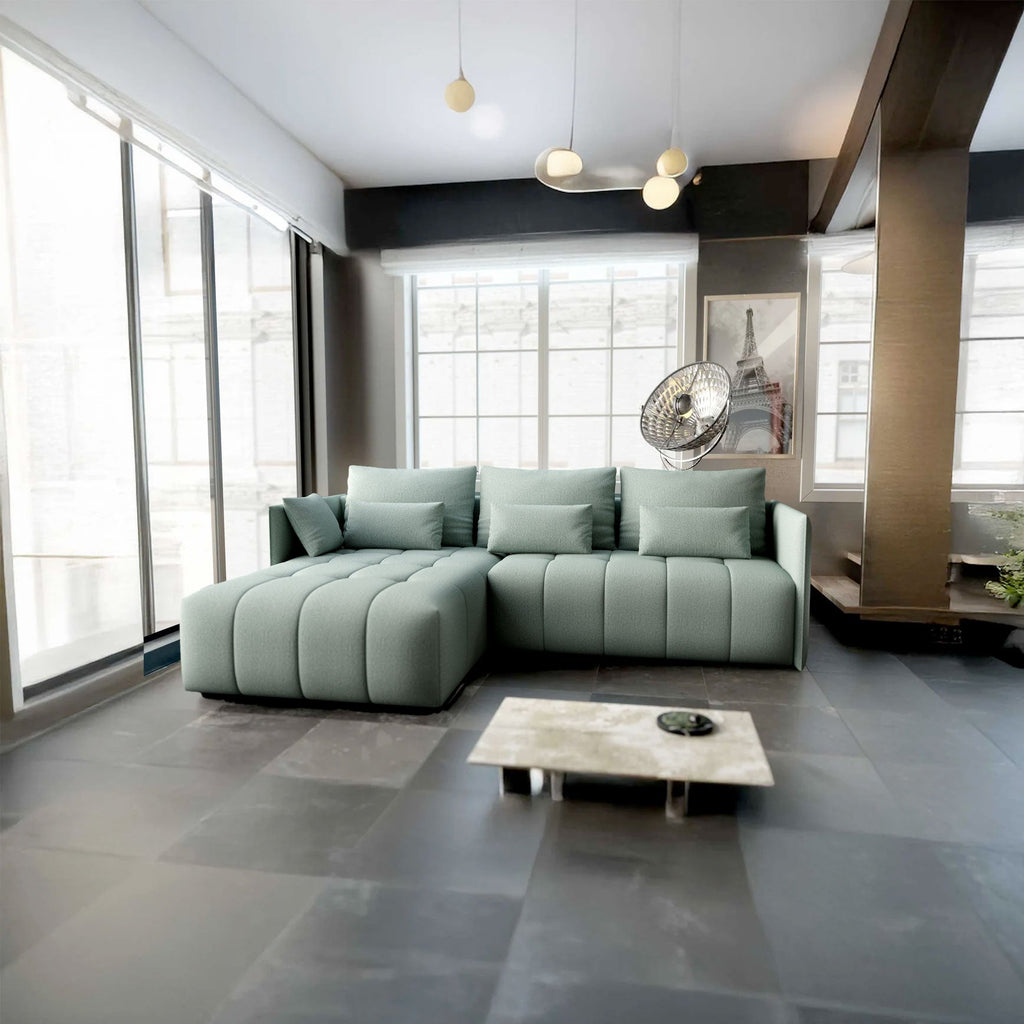 Colțar extensibil dumonde cu ladă de depozitare si sezut confortabil din spuma high-density, Malta Enjoy Mint 235x185 cm