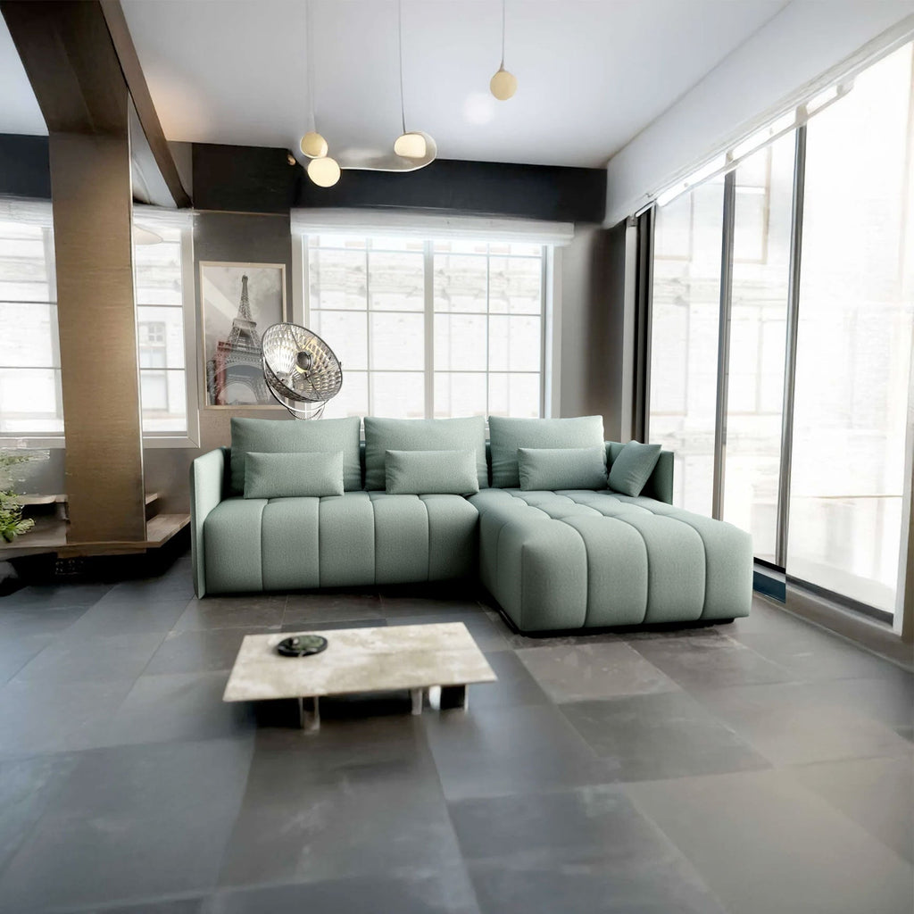 Colțar extensibil dumonde cu ladă de depozitare si sezut confortabil din spuma high-density, Malta Enjoy Mint II 235x185 cm