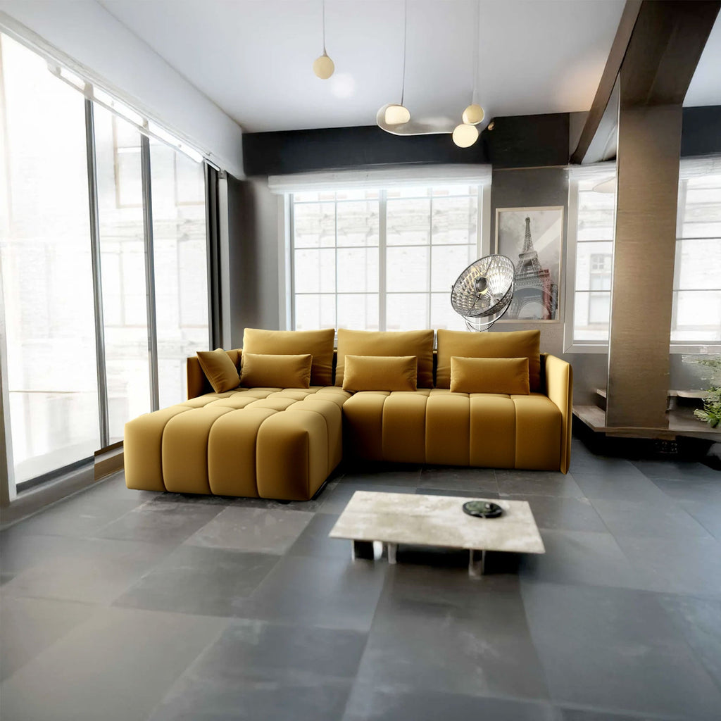 Colțar extensibil dumonde cu ladă de depozitare si sezut confortabil din spuma high-density, Malta Royal Muștar II 235x185 cm