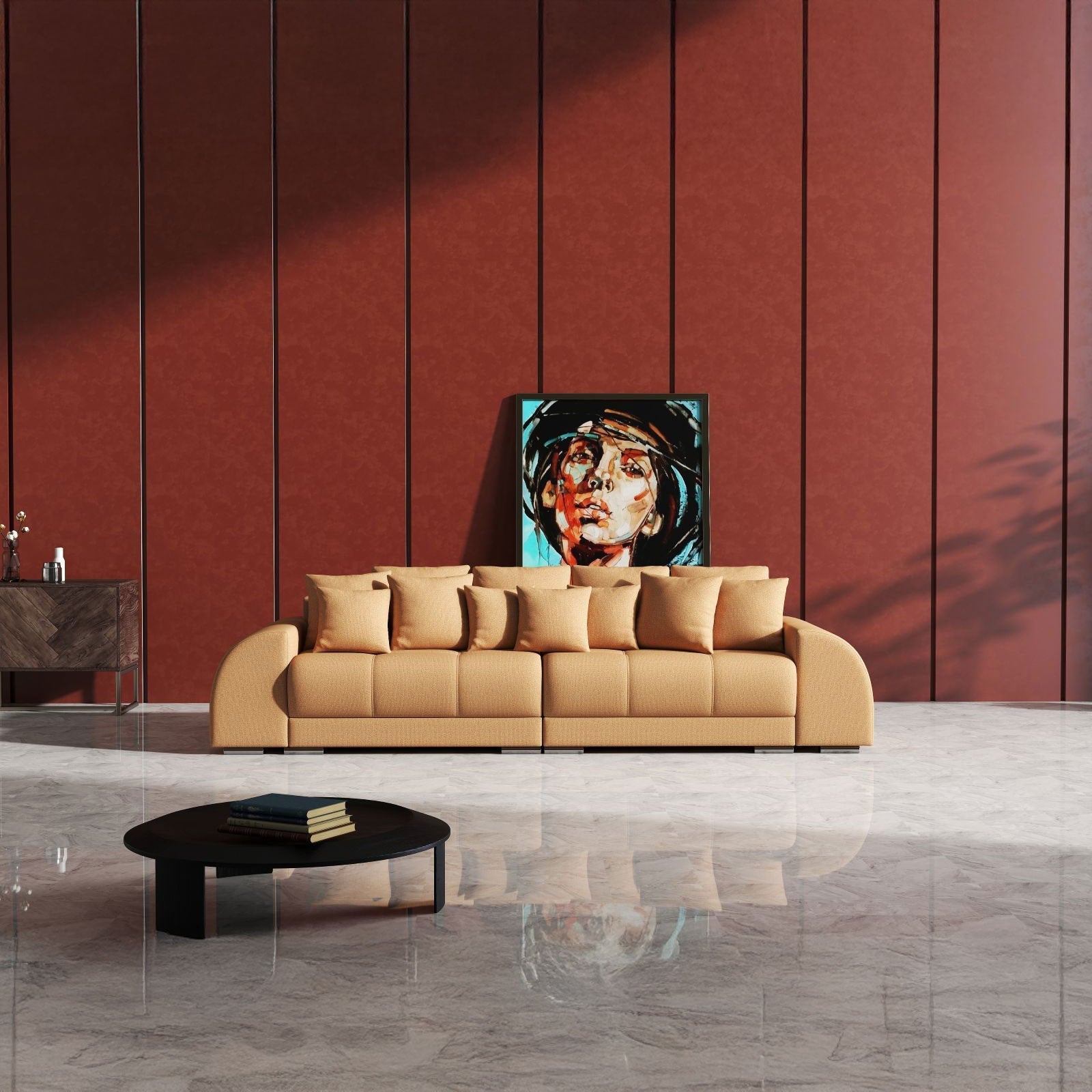 Canapea extensibilă dumonde cu 2 lăzi de depozitare si sezut confortabil din spuma high-density, Verona Enjoy Mango 310x100 cm