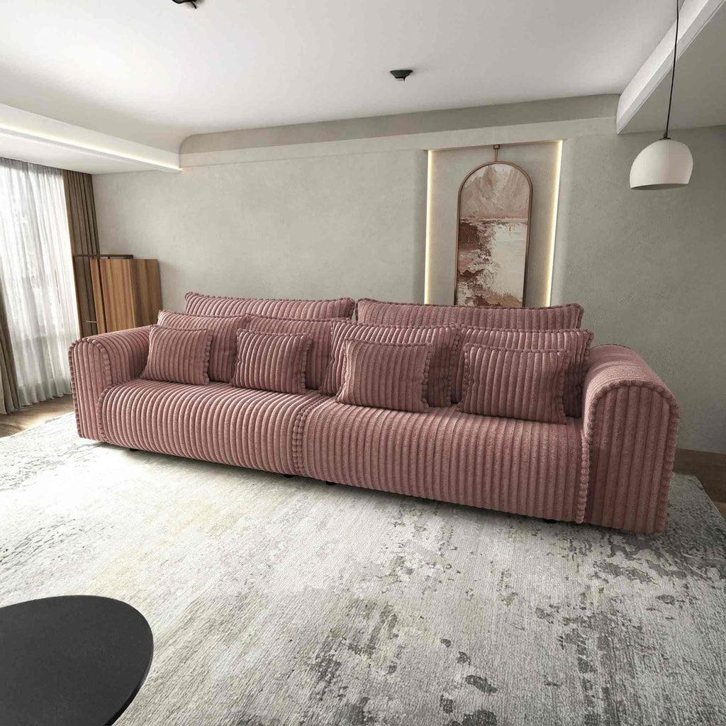 Canapea extensibilă dumonde cu ladă de depozitare si sezut confortabil din spuma high-density, Monaco Tilia Roz Pudrat 300x130 cm