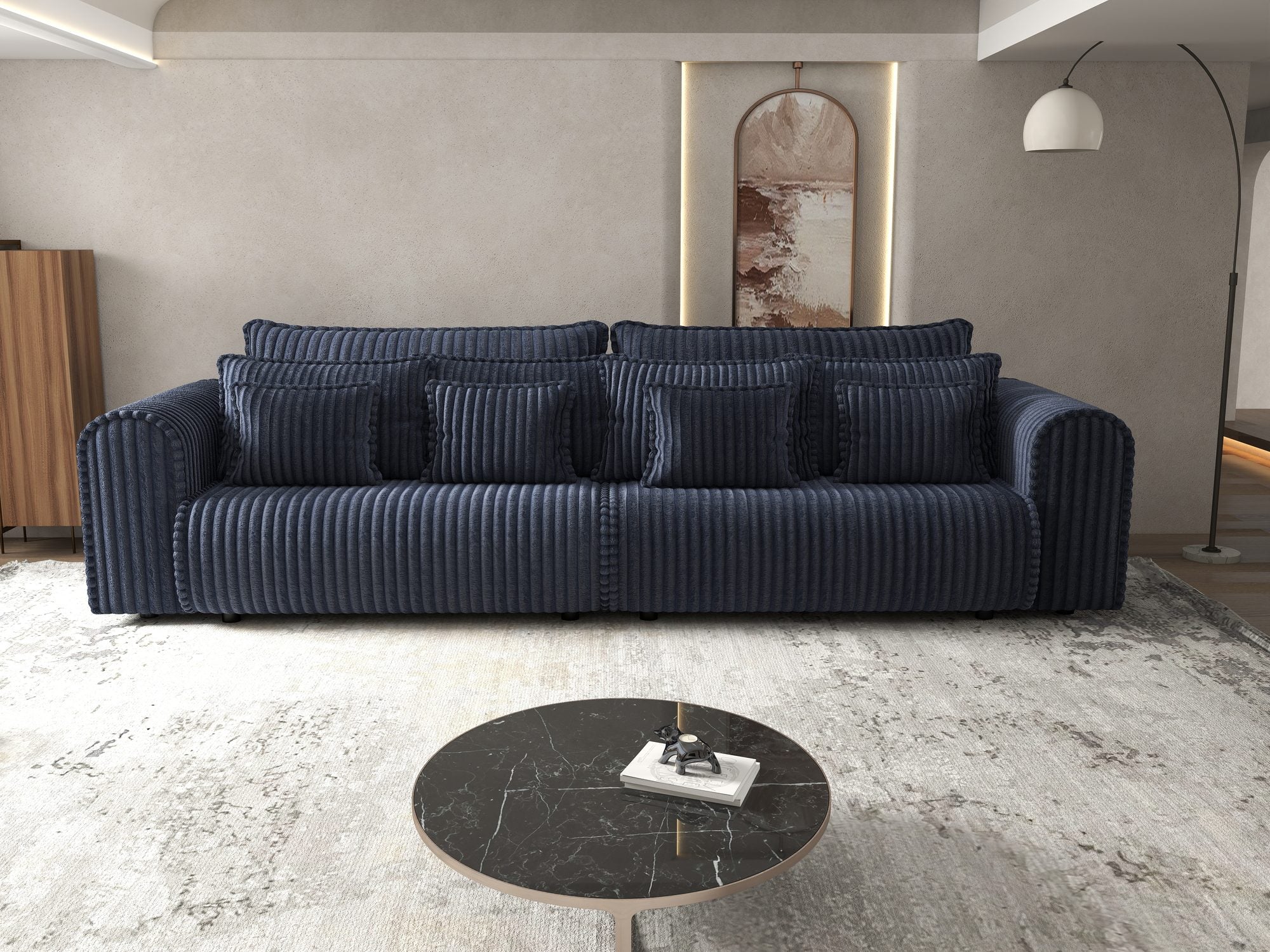 Canapea extensibilă dumonde cu ladă de depozitare si sezut confortabil din spuma high-density, Monaco Tilia Albastru 300x130 cm