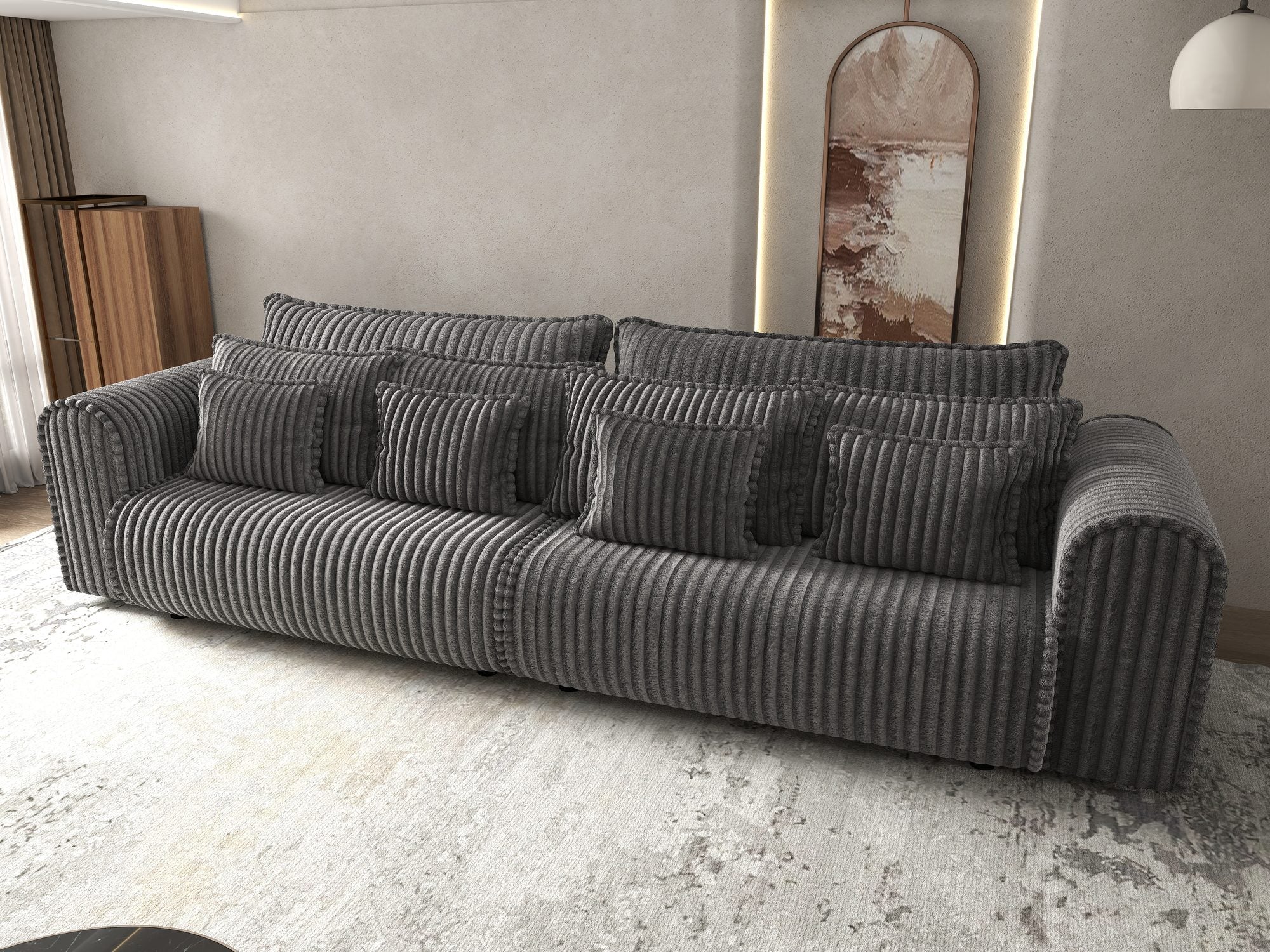 Canapea extensibilă dumonde cu ladă de depozitare si sezut confortabil din spuma high-density, Monaco Tilia Gri Inchis 300x130 cm