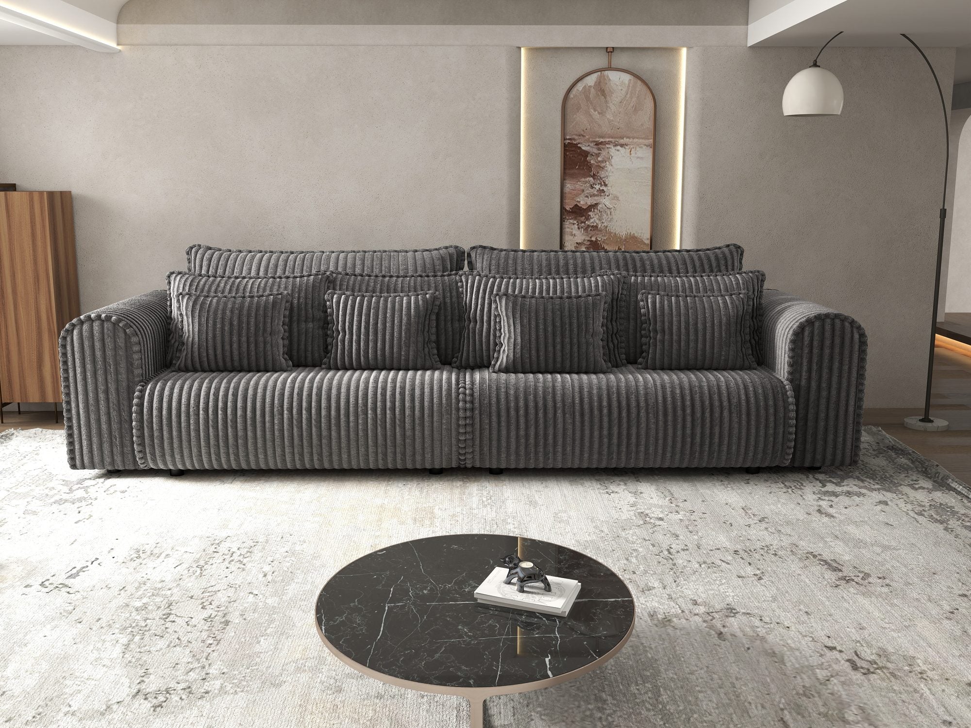 Canapea extensibilă dumonde cu ladă de depozitare si sezut confortabil din spuma high-density, Monaco Tilia Gri Inchis 300x130 cm