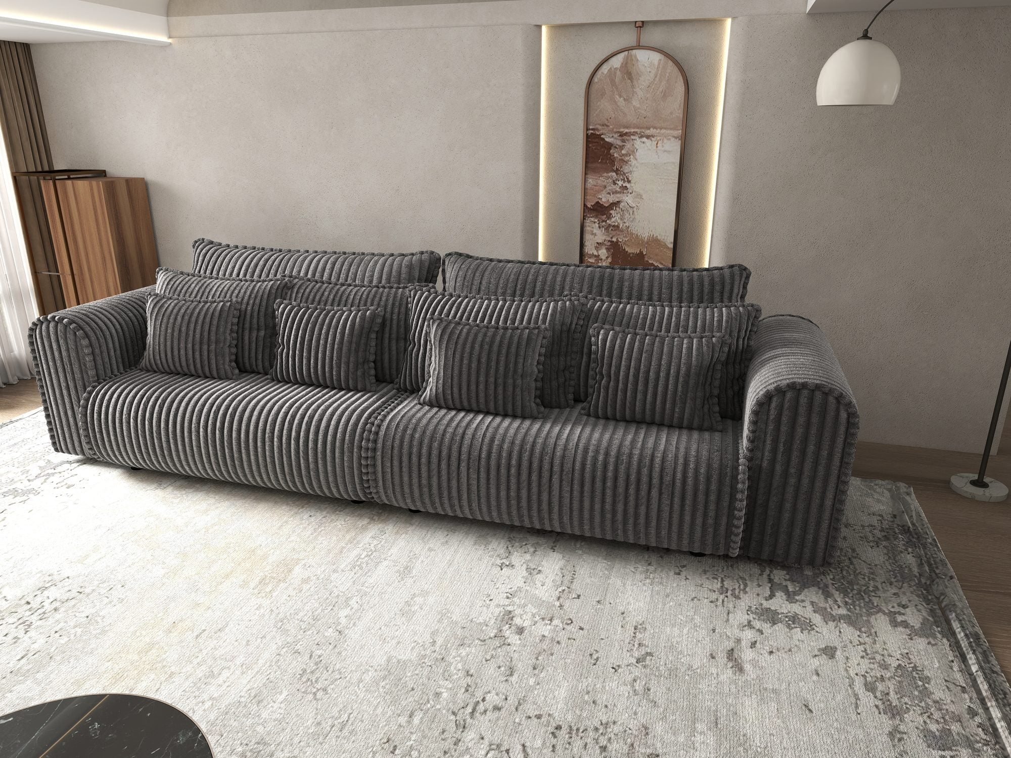 Canapea extensibilă dumonde cu ladă de depozitare si sezut confortabil din spuma high-density, Monaco Tilia Gri Inchis 300x130 cm