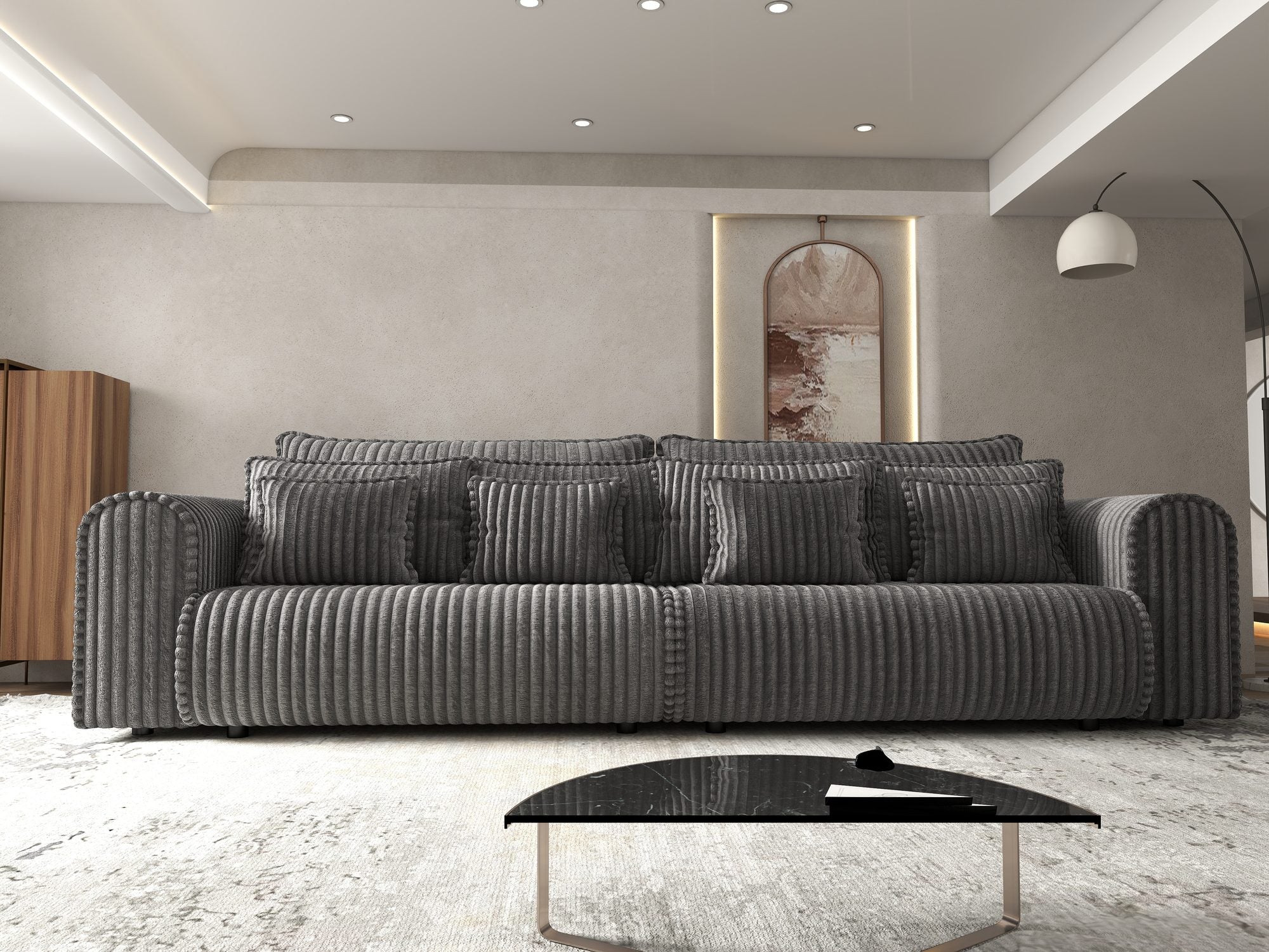 Canapea extensibilă dumonde cu ladă de depozitare si sezut confortabil din spuma high-density, Monaco Tilia Gri Inchis 300x130 cm