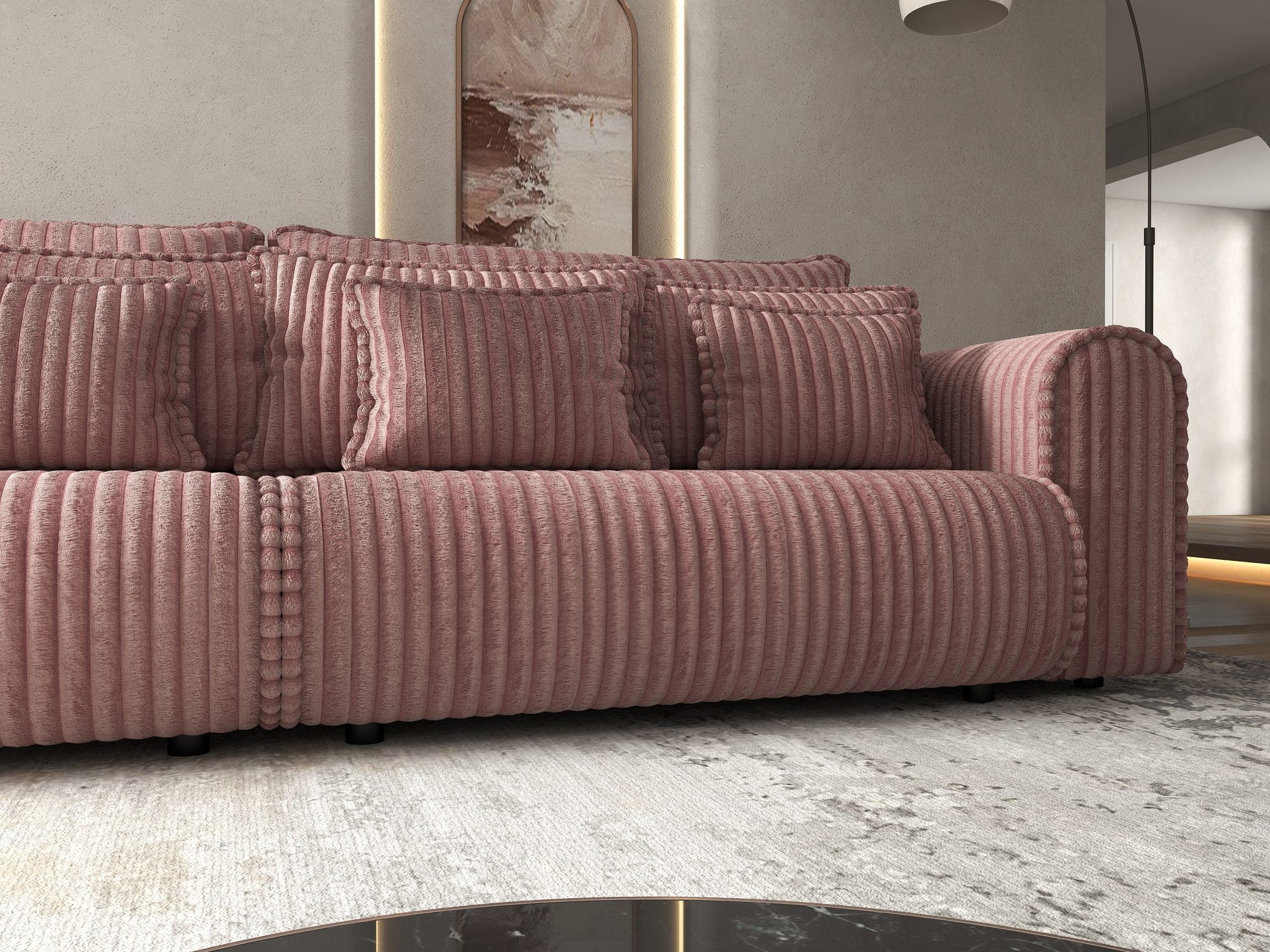 Canapea extensibilă dumonde cu ladă de depozitare si sezut confortabil din spuma high-density, Monaco Tilia Roz Pudrat 300x130 cm