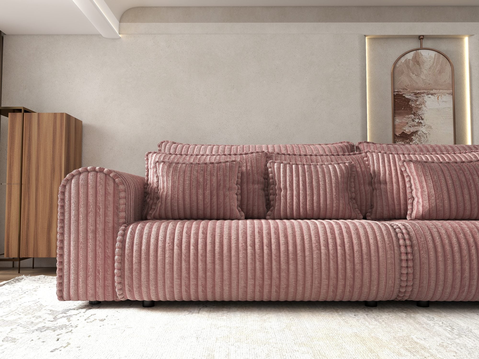 Canapea extensibilă dumonde cu ladă de depozitare si sezut confortabil din spuma high-density, Monaco Tilia Roz Pudrat 300x130 cm