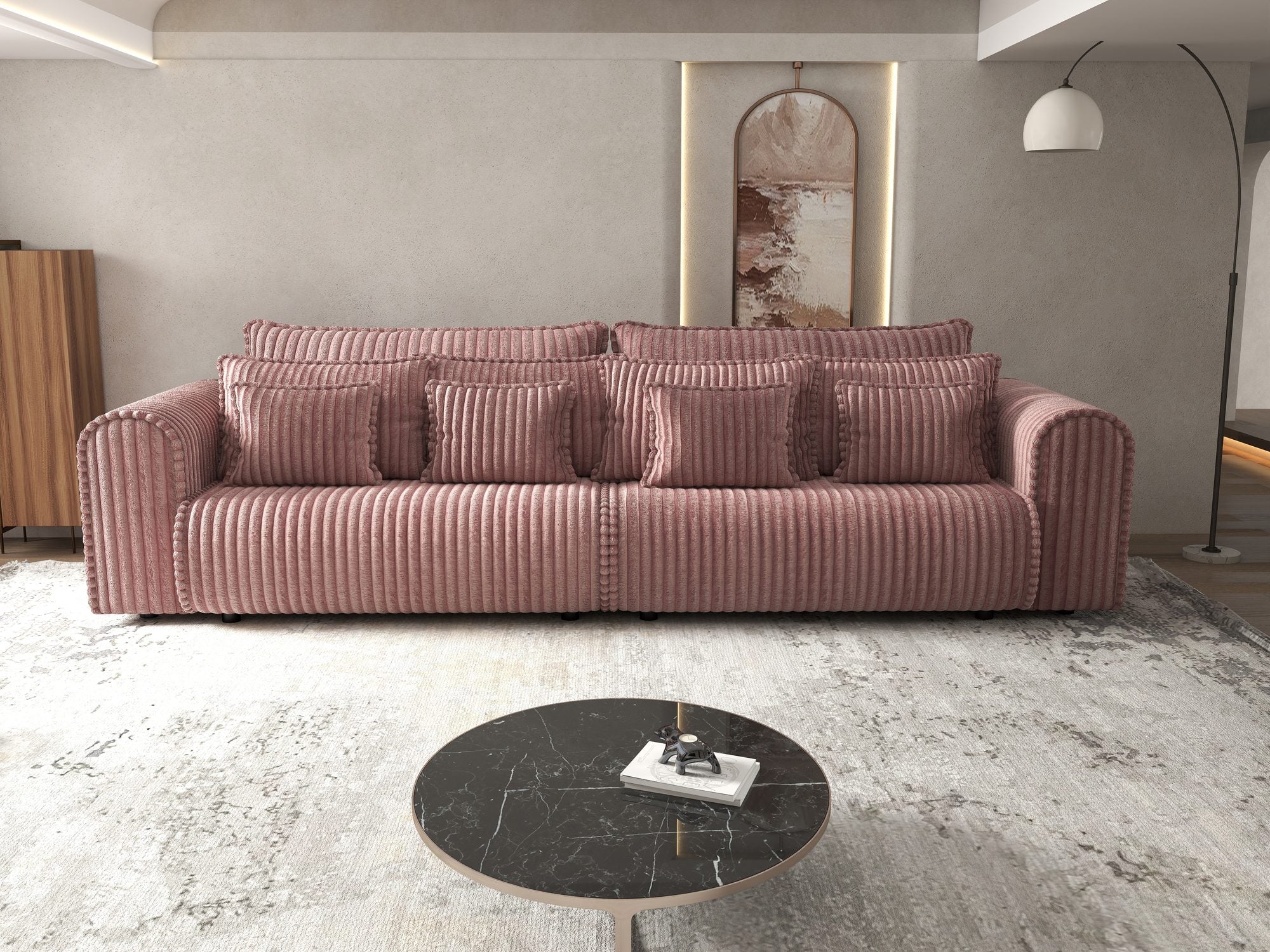Canapea extensibilă dumonde cu ladă de depozitare si sezut confortabil din spuma high-density, Monaco Tilia Roz Pudrat 300x130 cm