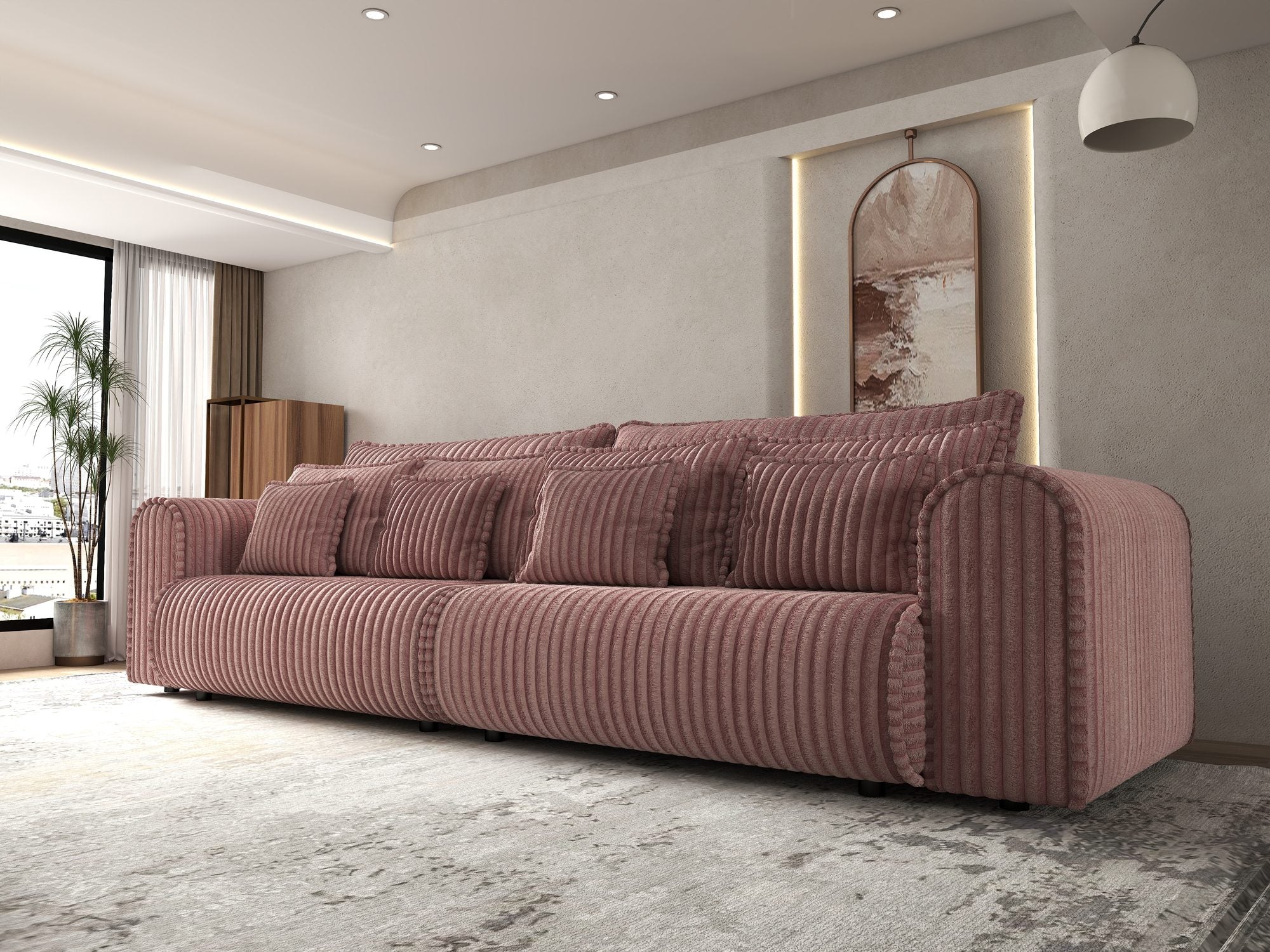 Canapea extensibilă dumonde cu ladă de depozitare si sezut confortabil din spuma high-density, Monaco Tilia Roz Pudrat 300x130 cm