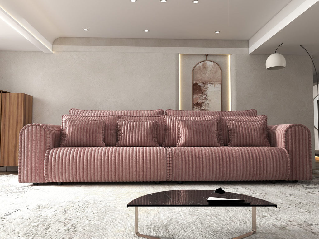 Canapea extensibilă dumonde cu ladă de depozitare si sezut confortabil din spuma high-density, Monaco Tilia Roz Pudrat 300x130 cm
