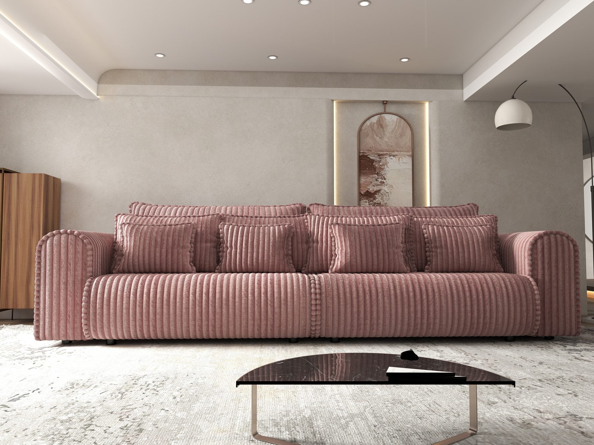 Canapea extensibilă dumonde cu ladă de depozitare si sezut confortabil din spuma high-density, Monaco Tilia Roz Pudrat 300x130 cm