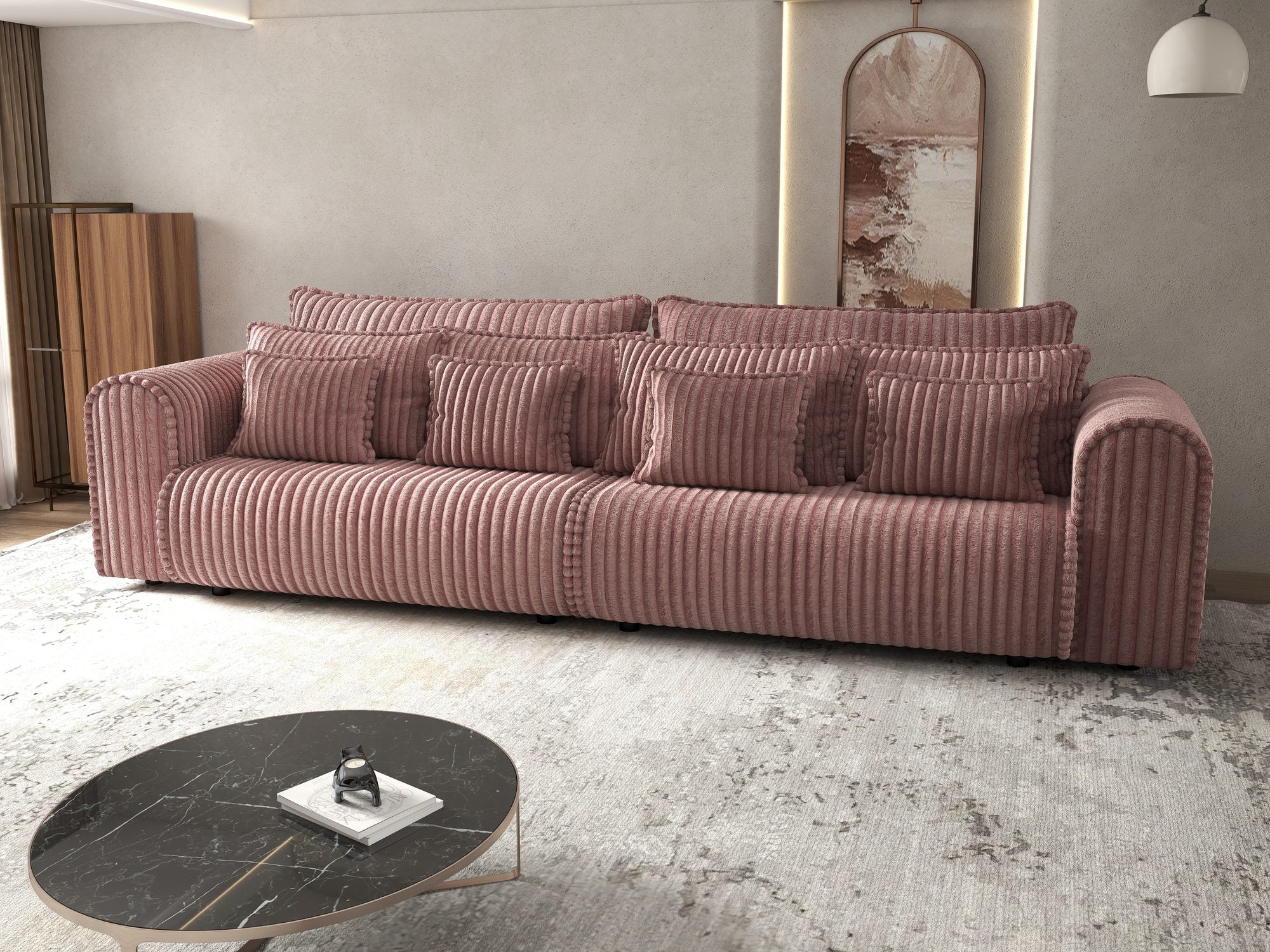 Canapea extensibilă dumonde cu ladă de depozitare si sezut confortabil din spuma high-density, Monaco Tilia Roz Pudrat 300x130 cm