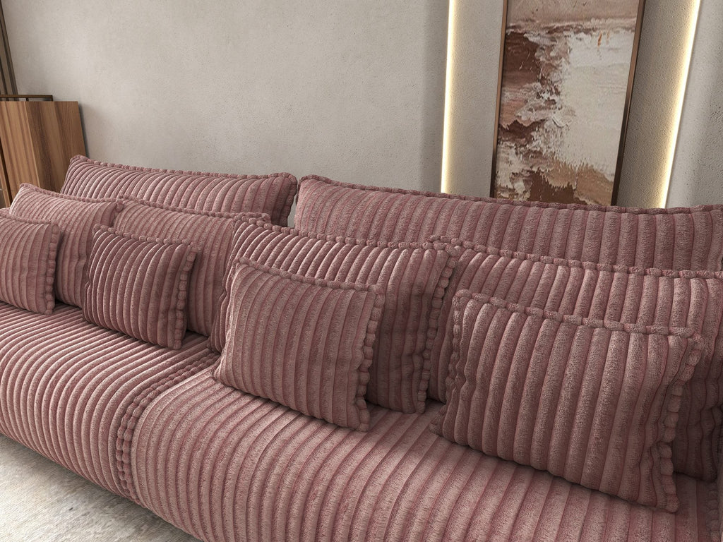 Canapea extensibilă dumonde cu ladă de depozitare si sezut confortabil din spuma high-density, Monaco Tilia Roz Pudrat 300x130 cm