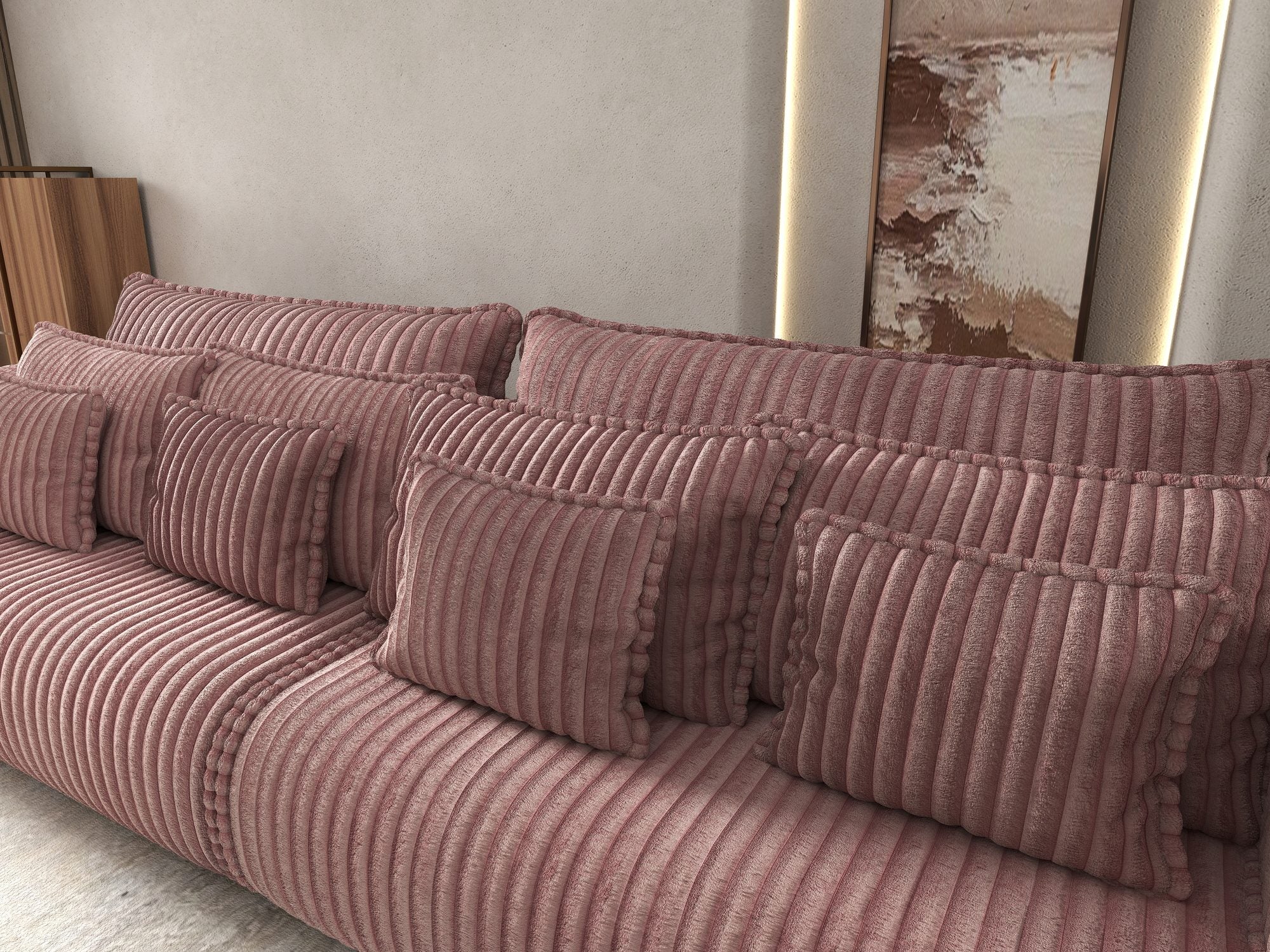 Canapea extensibilă dumonde cu ladă de depozitare si sezut confortabil din spuma high-density, Monaco Tilia Roz Pudrat 300x130 cm