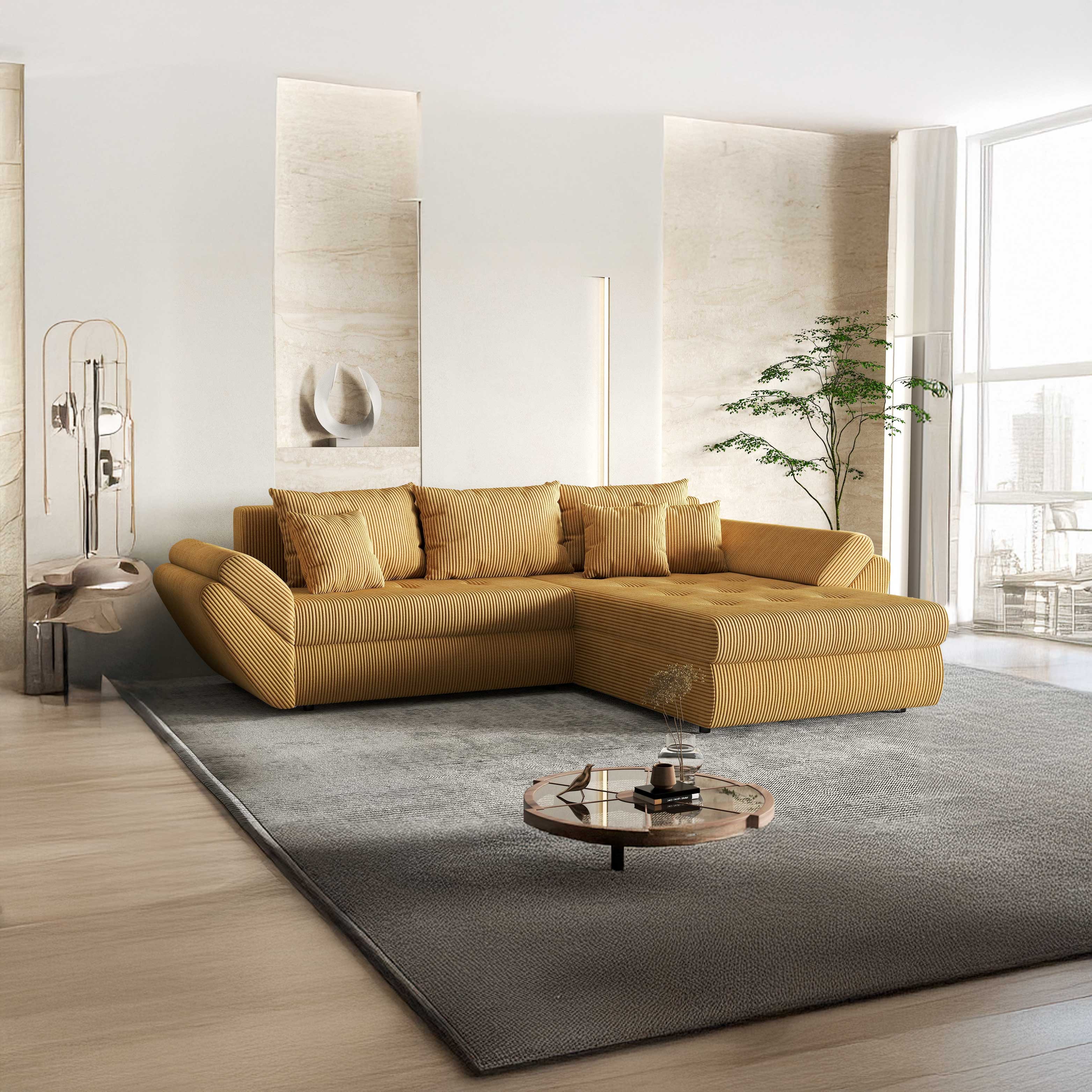 Colțar extensibil dumonde cu ladă de depozitare si sezut confortabil din spuma high-density, Loana Zoom Mustar II 270x185 cm