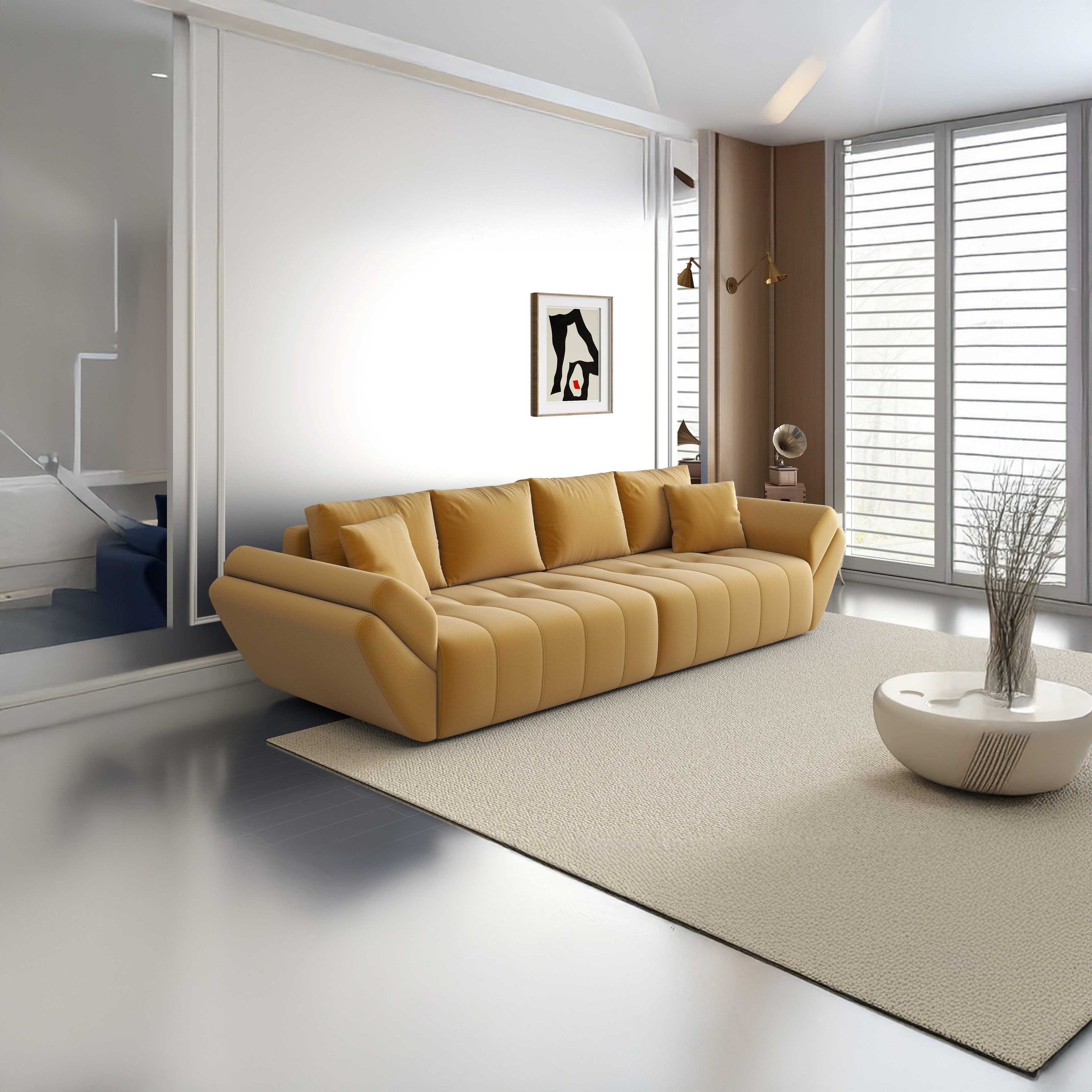 Canapea extensibilă dumonde cu ladă de depozitare si sezut confortabil din spuma high-density, Berlin Royal Mustar 300x100 cm
