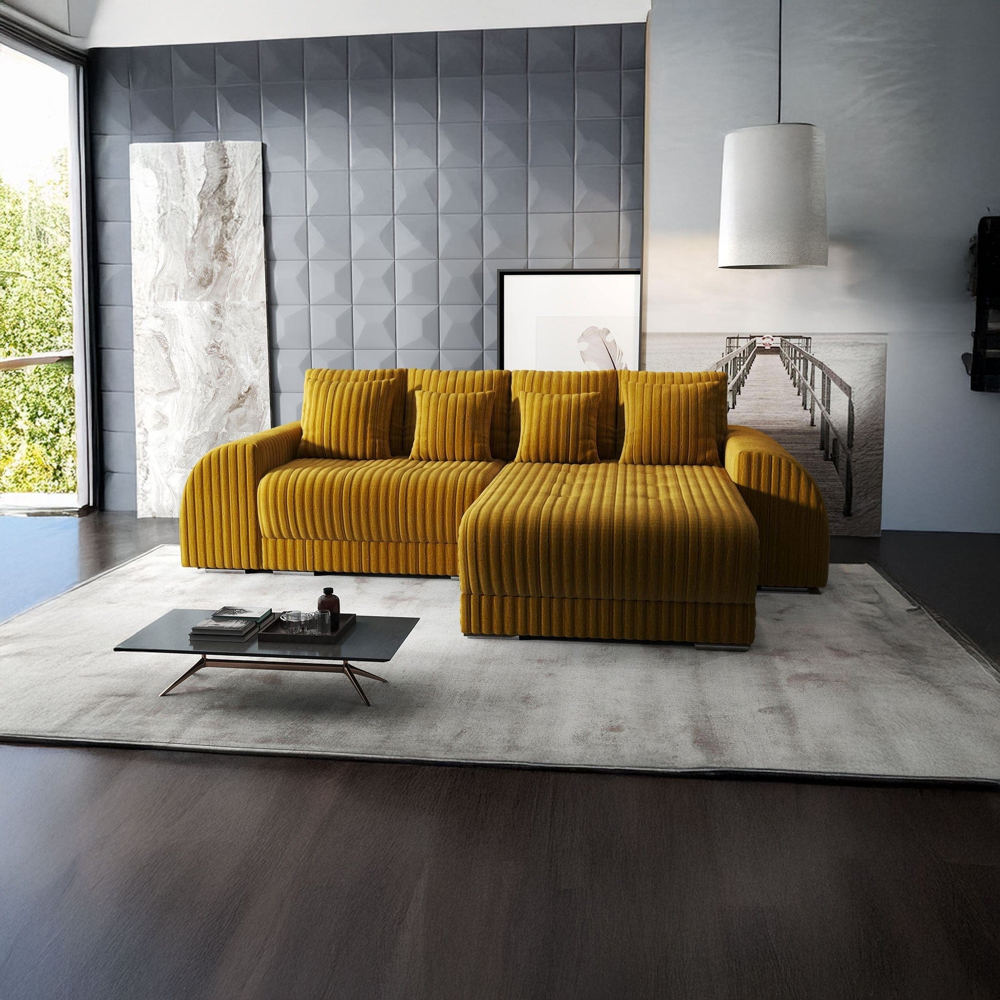 Colțar extensibil dumonde cu ladă de depozitare si sezut confortabil din spuma high-density, Verona Ambience Mustar II 290x185 cm