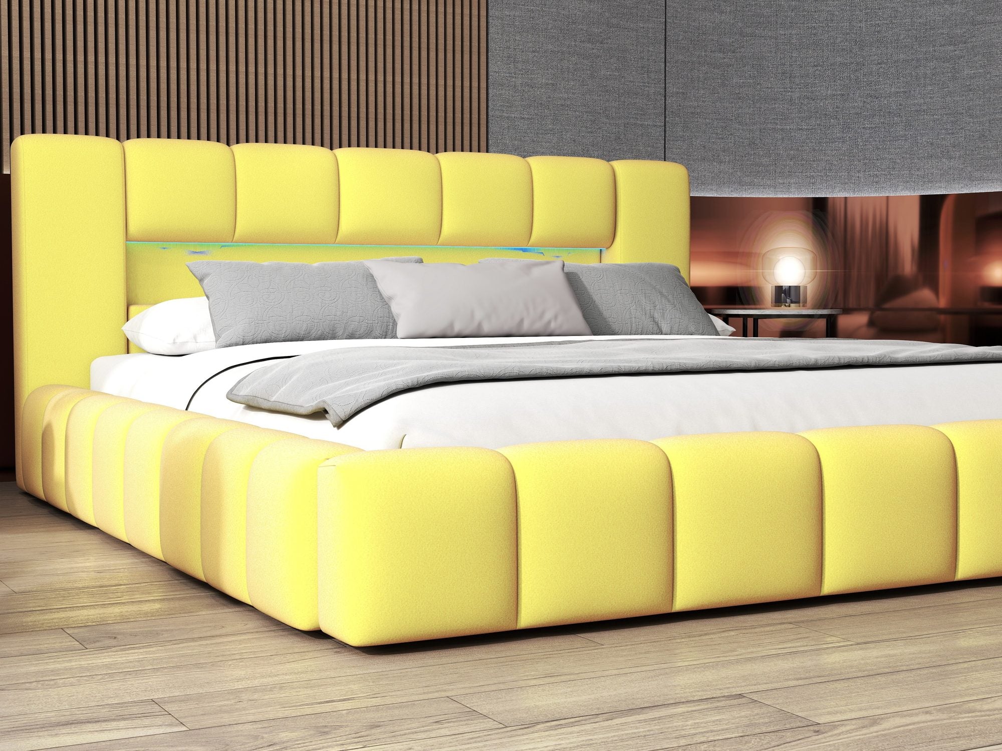 Pat dormitor dumonde, tapitat galben cu LED si USB, Palermo 140x200 cm, somiera rabatabila inclusa, spatiu depozitare
