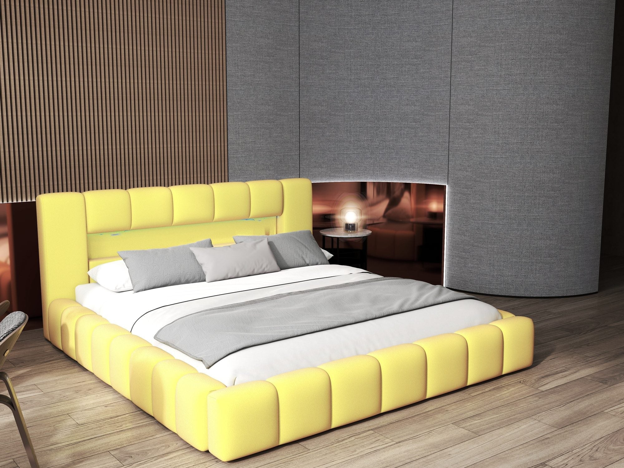 Pat dormitor dumonde, tapitat galben cu LED si USB, Palermo 140x200 cm, somiera rabatabila inclusa, spatiu depozitare